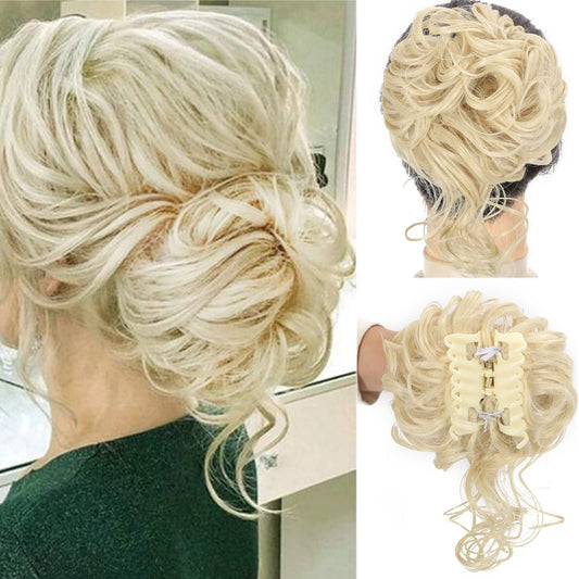 SDZNYQT Claw Messy Bun Hair Pieces Clip Wavy Curly Hair Chignon Clip in Hairpieces Tousled Updo Donut Hair Bun Synthetic Fake Hair Ponytail for Women Girls Bleach Blonde