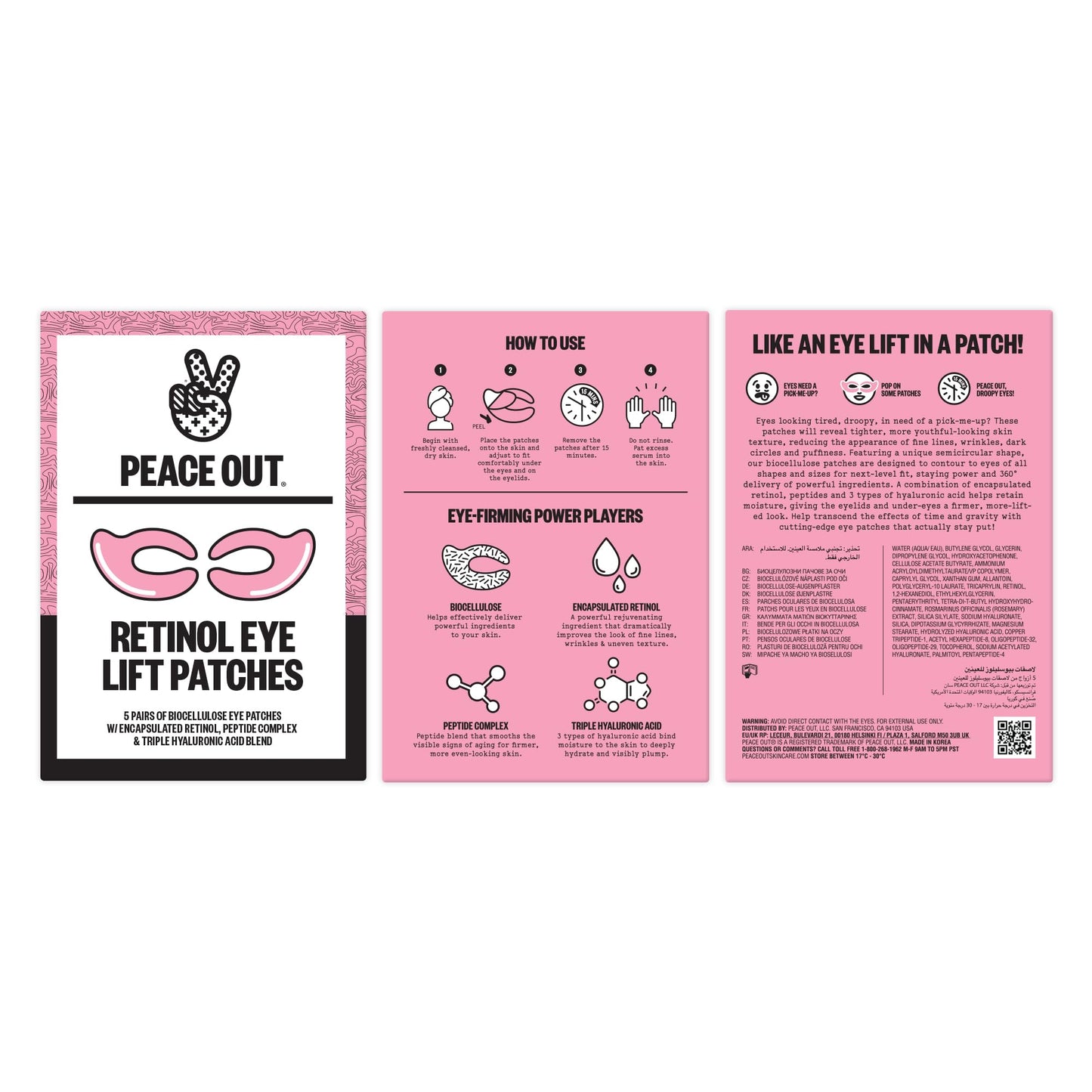 PEACE OUT Retinol Eye Lift Patches to Lift, Firm and Revitalize Tired Eyes, 360° Coverage Targets Fine Lines & Wrinkles, 5 Pack