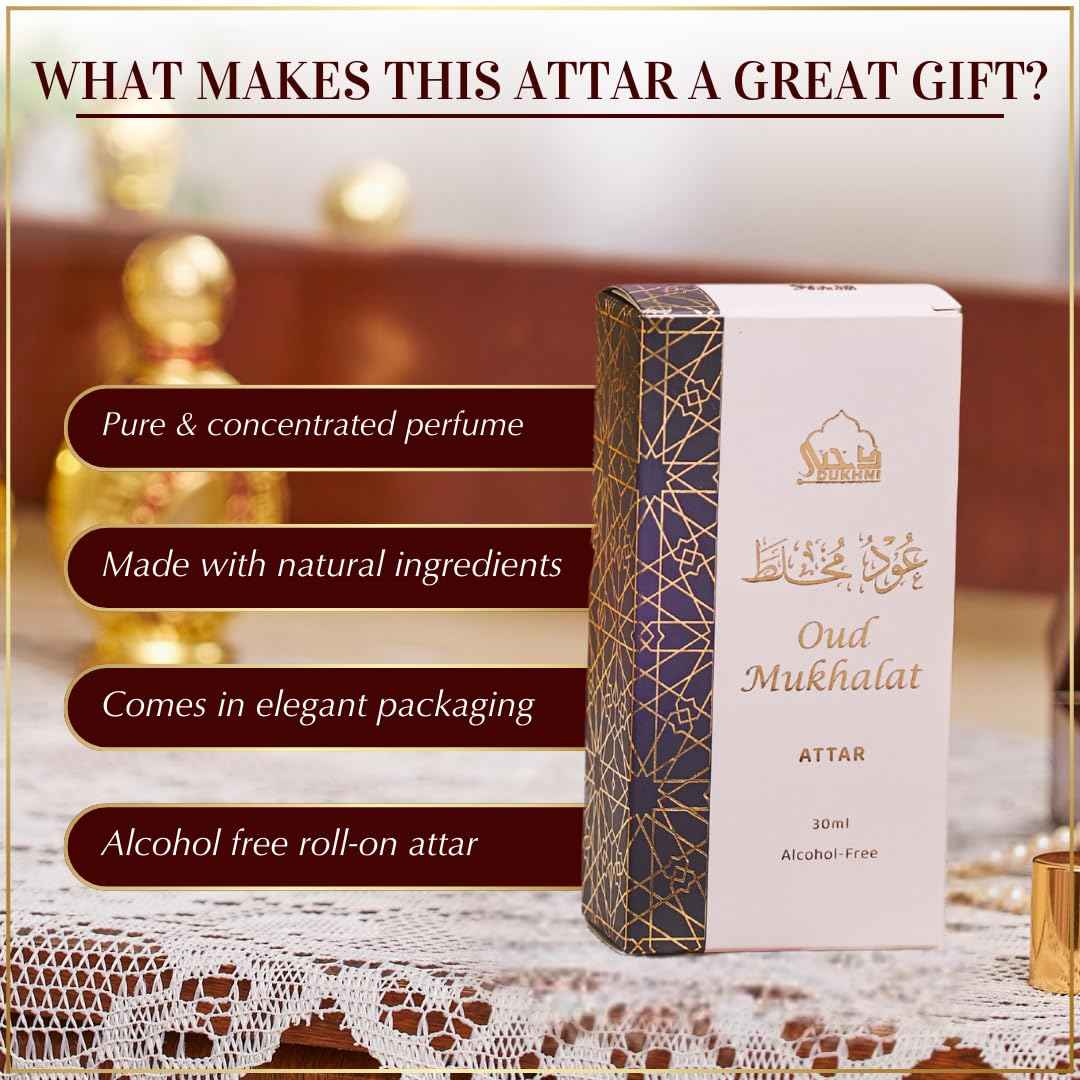 Dukhni Oud Mukhalat Attar Oil Arabic perfume oils for men and women, without alcohol | 30ml Pure roll on perfume, saffron oud oil | Eid, Ramadan, Umrah Haj Gifts, Islamic Fragrances