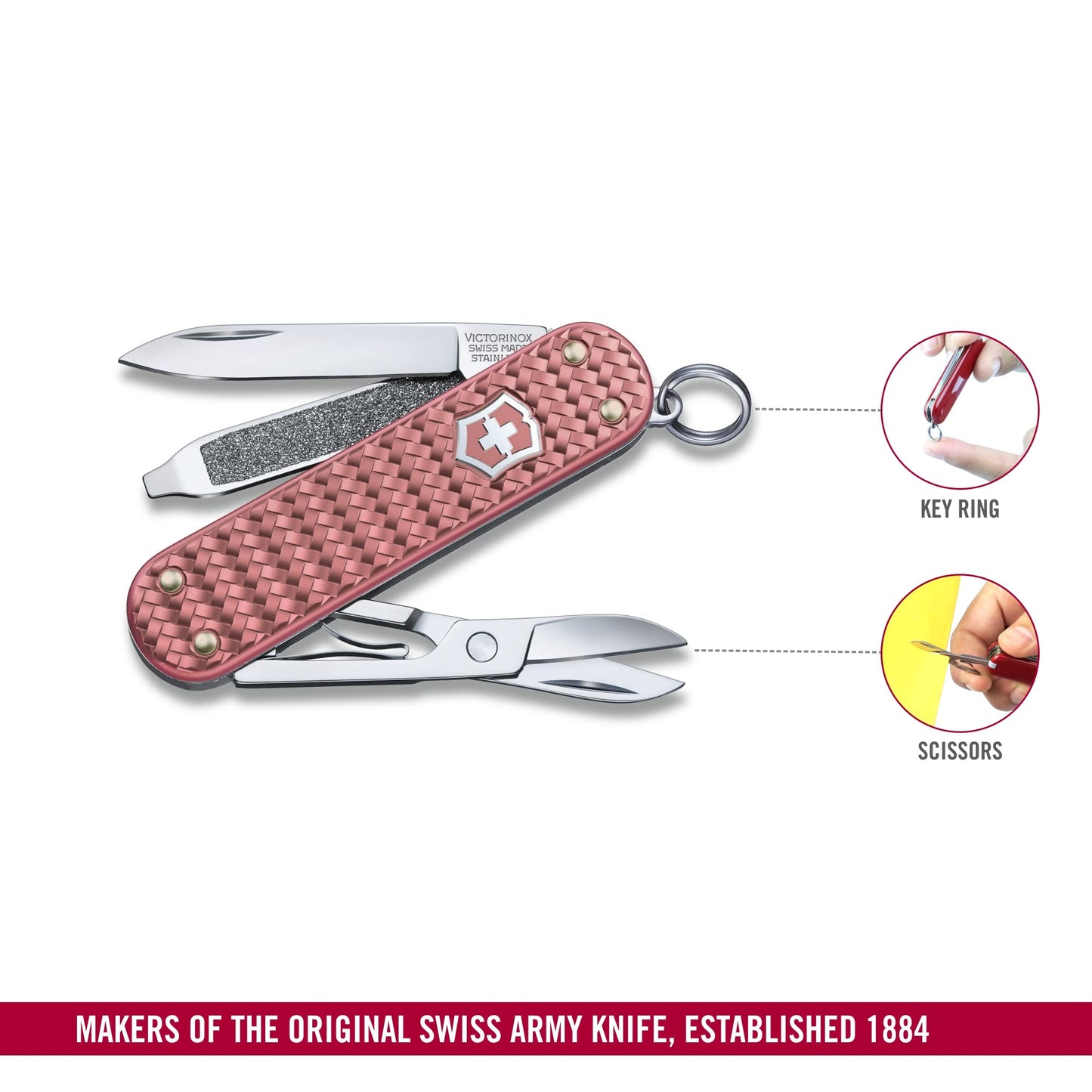 Victorinox Classic SD Precious Alox Swiss Army Knife, Compact 5 Function Swiss Made Pocket Knife with Small Blade, Screwdriver and Key Ring - Gentle Rose