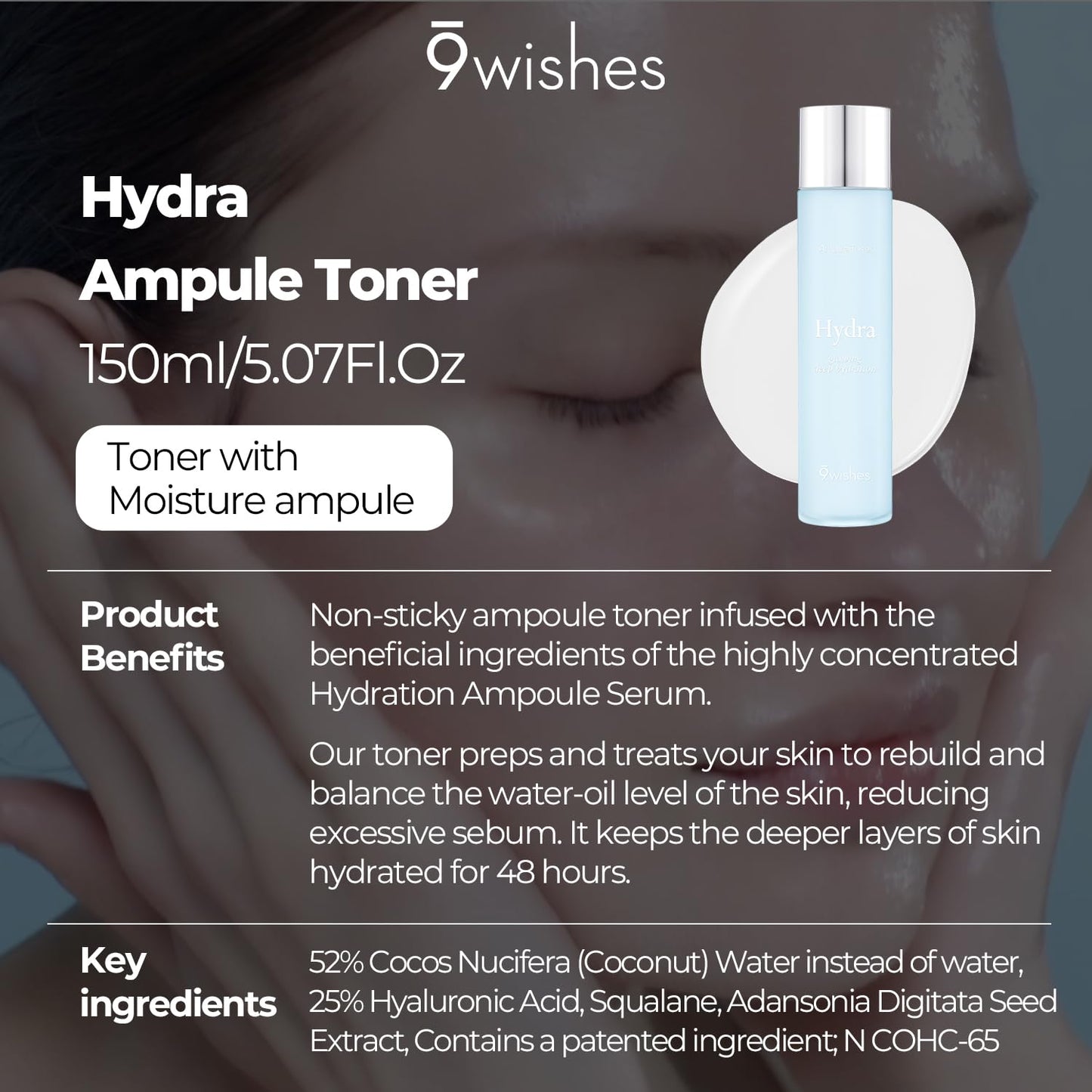 [9wishes] Hydra Ampule Toner 5.1Fl. Oz, 150ml Powerful Hydration with 52% Coconut Water - Moisturizing Facial Toner Essence (Hydra Toner)