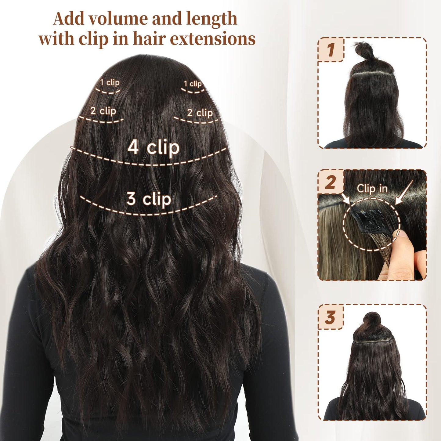 Fliace Clip in Hair Extensions, 6 PCS Natural & Soft Hair & Blends Well Hair Extensions, Dark Brown Long Wavy Hairpieces(20inch, 6pcs, Dark Brown)