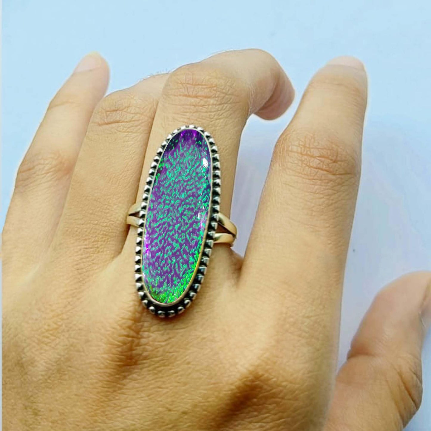 Boho Doublet Opal Ring Unique Purple Green Multi Fire Gemstone Lab-Created Opal Jewelry Large Oval Shape 925 Sterling Silver Handmade Statement Ring For Women Anniversary, Wedding Gift For Her By NKG