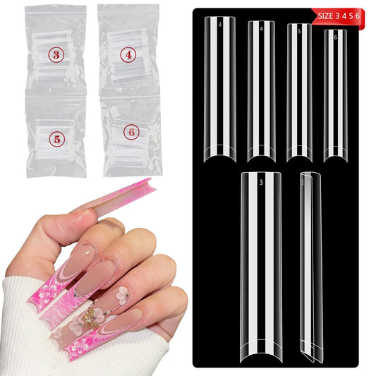 No C Curve Square Refill Nail Tips, 3XL Long Clear Straight Tapered Square Gel Nail Tips, 200Pcs（Fixed Size No. 3.4.5.6 With Bag）Half Cover Acrylic Nail Tips Coffin Nails Tips for Nail Art Salon