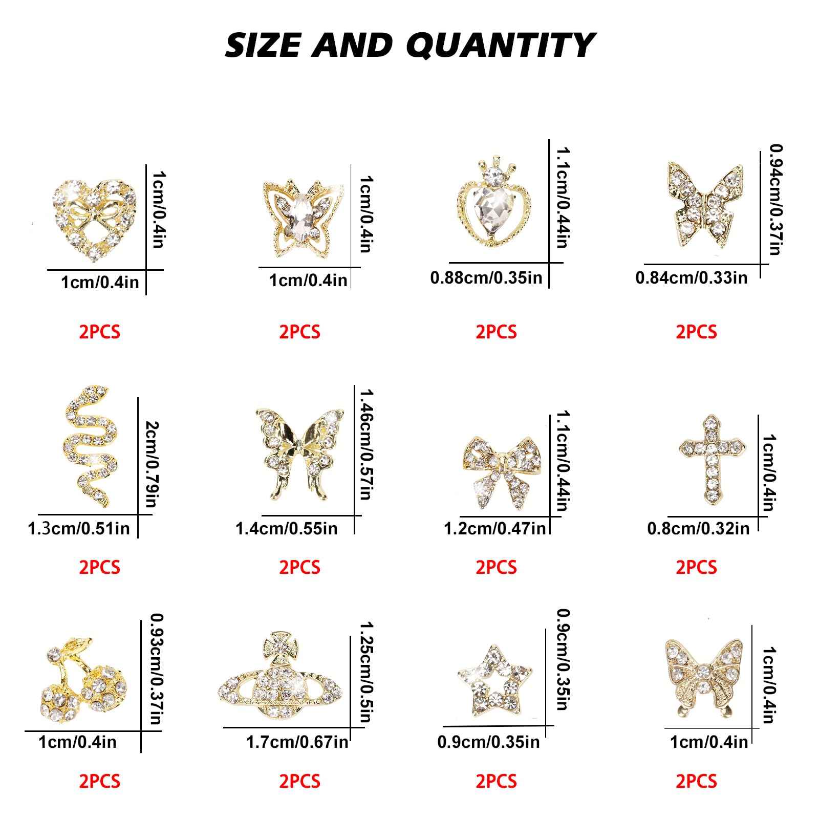 CUBLIVE 24PCS Nail Charms Y2k Alloy Nail Art Rhinestone Charms 3D Heart Bow Butterfly Charm with Rhinestones Cherry Nail Gems Shiny Jewelry Nail Decorations Accessories Supplies (SG)