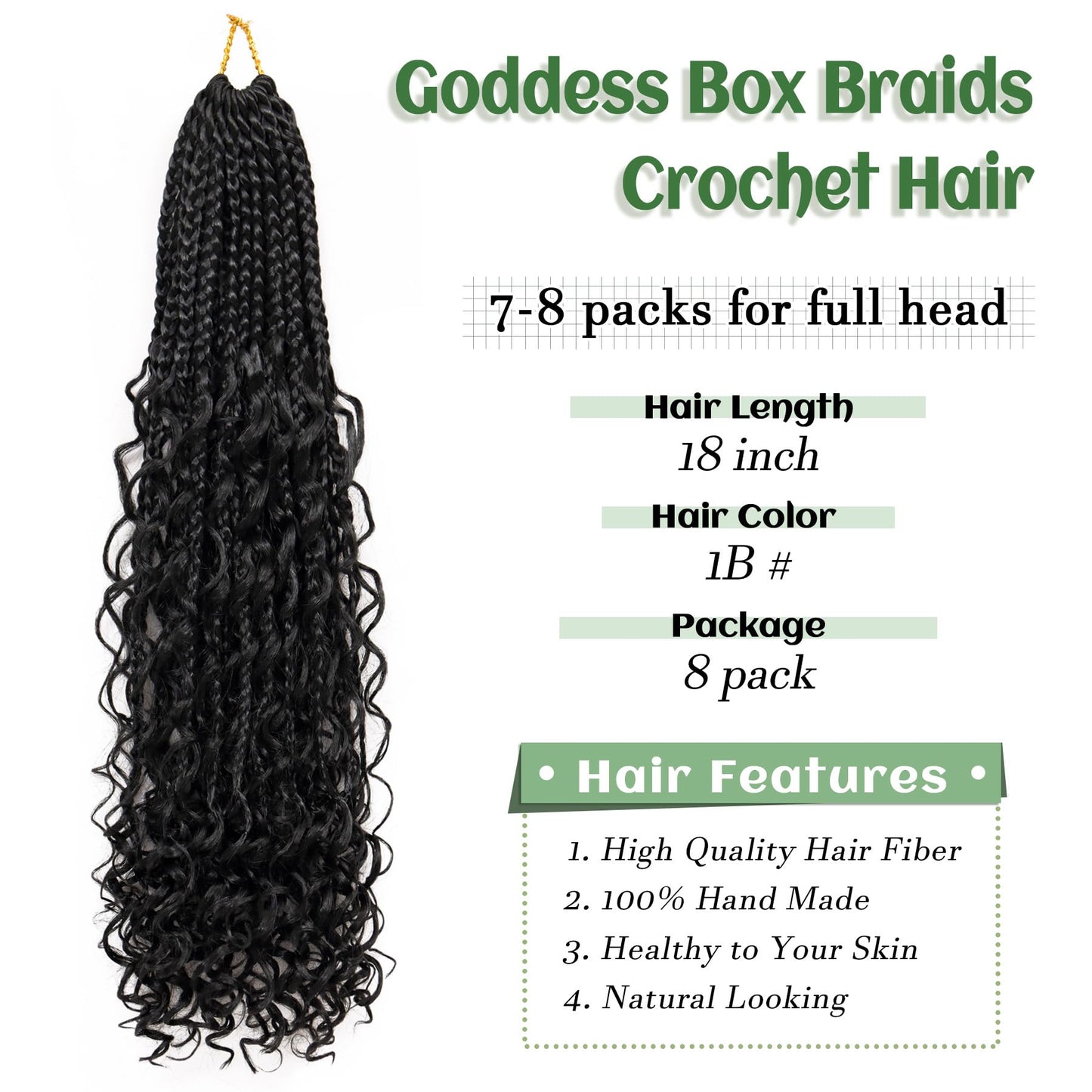 Eerya 8 Packs Boho Box Braids Crochet Hair for Black Women 18 inch Goddess Box Braids Pre-looped Bohemian Crochet Box Braids With Curly Ends Synthetic Crochet Hair Extensions (24 inch, 1B)