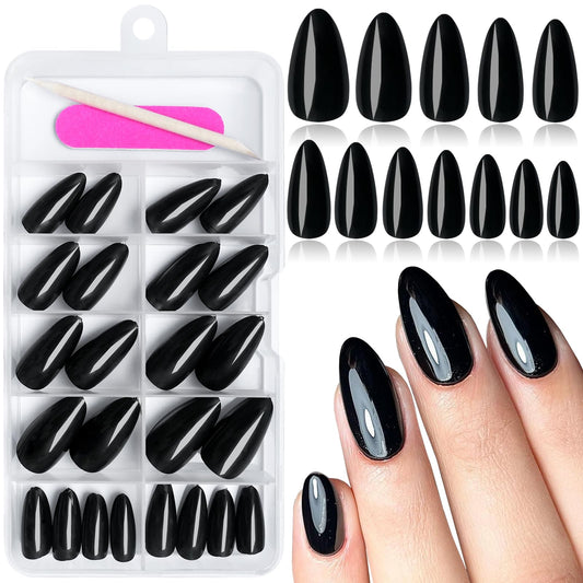 EternalClassic 120pcs Black Almond Press on Nails Medium, Glossy Almond Fake Nails Medium Length Acrylic Press on Almond Nails Tips Artificial False Nails with Adhesive Tabs for Women Girls