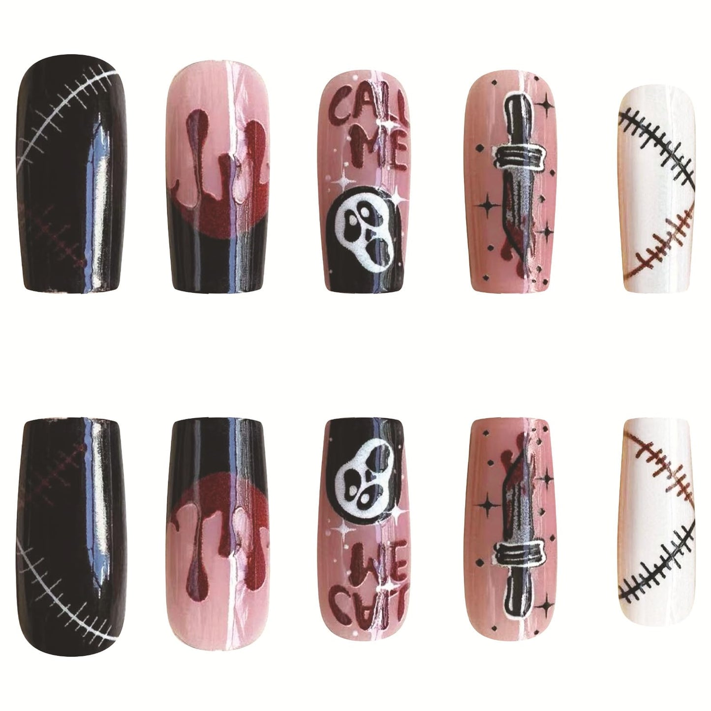 Coffin Fake Nails Medium Length Press on Nails Halloween False Nails with Ghost Knife Blood Patch Designs French Stick on Nails Full Cover Glossy Acrylic Fake Nails Horrible Halloween Artificial Nails