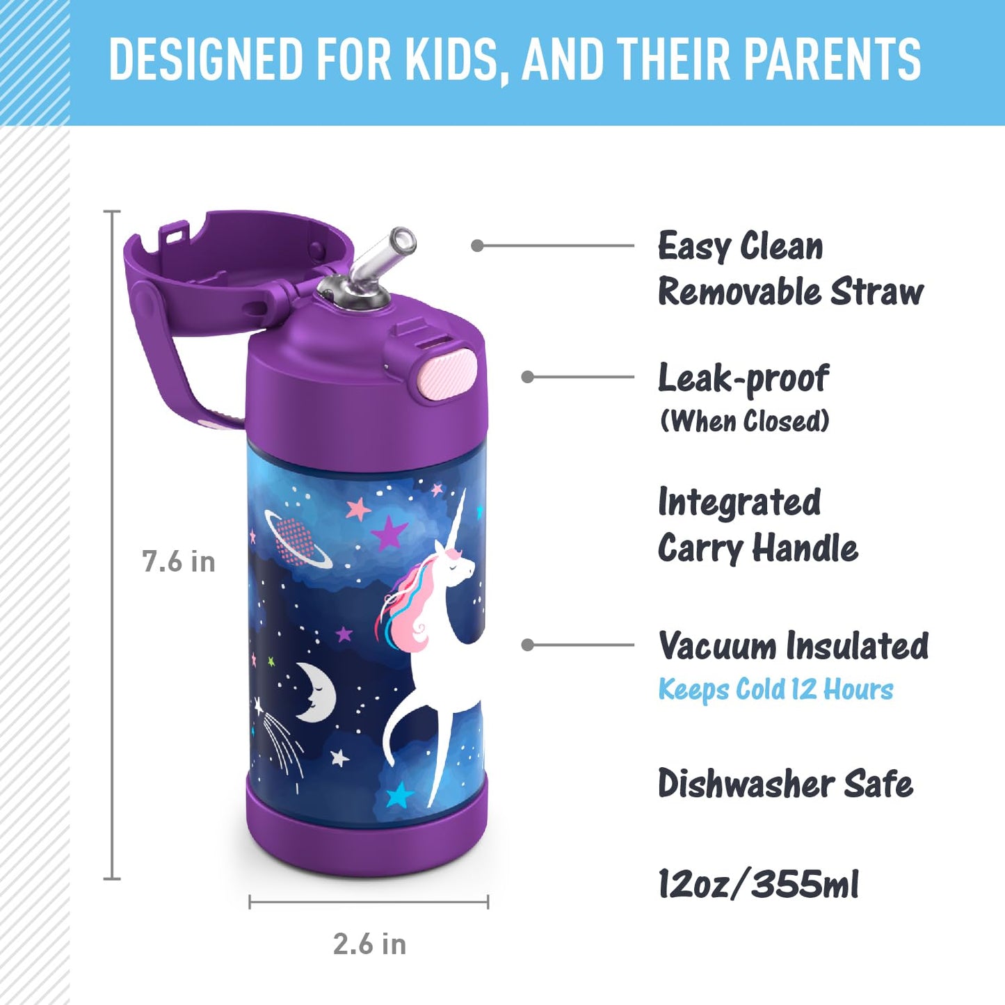 THERMOS FUNTAINER Water Bottle with Straw - 12 Ounce, Space Unicorn - Kids Stainless Steel Vacuum Insulated Water Bottle with Lid