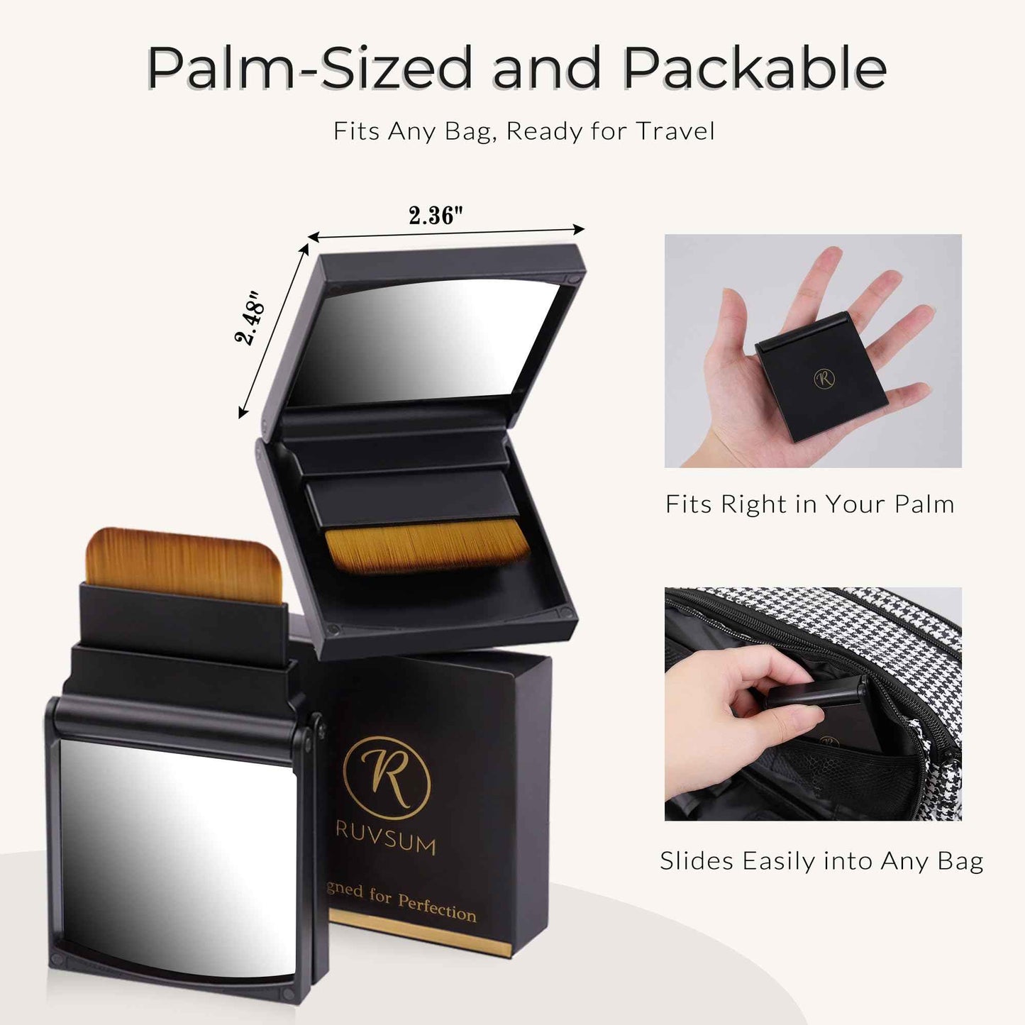 Foundation Brush with Vegan No-Shed Bristles, Wide Flat Head for Cream Liquid or Sunscreen, Dual Replaceable Heads, Mirror and Magnetic Case, Ideal for Daily Use at Home or On the Go