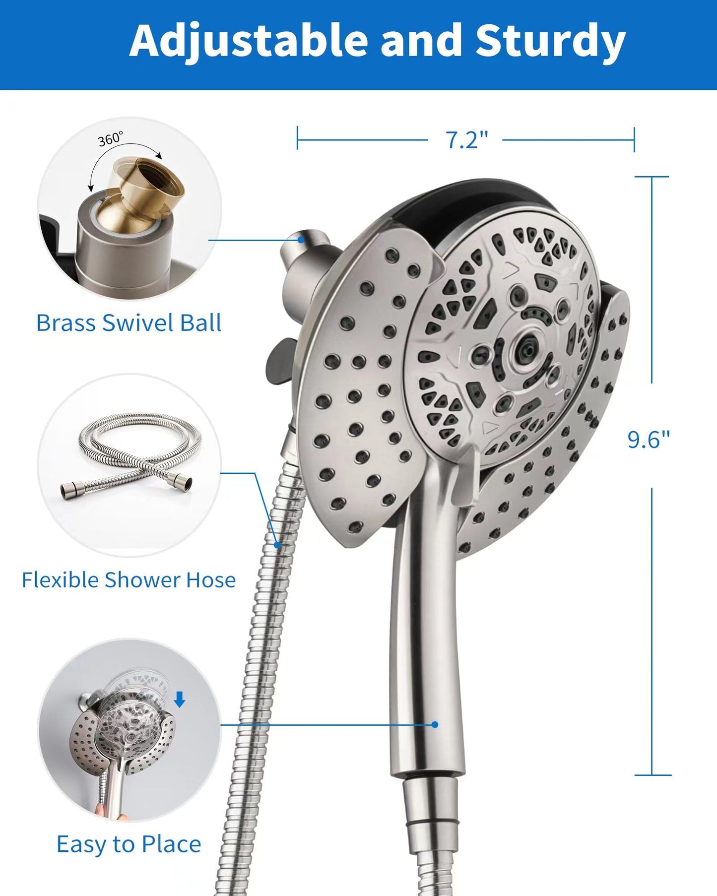 INAVAMZ Shower Heads with Handheld Spray Combo: 7.2" Rainfall Shower Head & Handheld Shower Head 2-IN-1 Shower Head with 60" Rotatable Stainless Steel Hose, Nickel