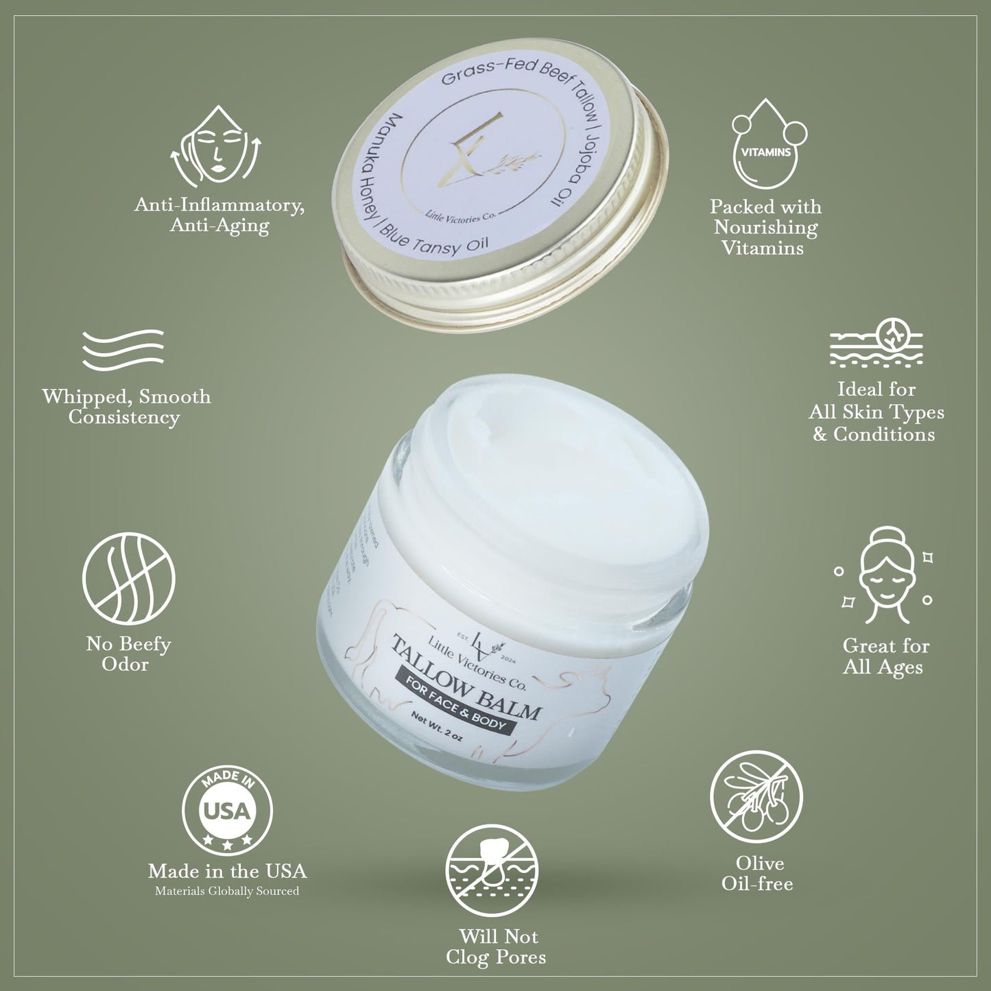 Organic Grass-Fed Beef Tallow for Skin - Whipped Tallow Face Moisturizer - Tallow Balm w/ Manuka Honey, Blue Tansy Oil, Organic Jojoba - 2oz Beef Tallow for Face - Beef Tallow and Honey Balm