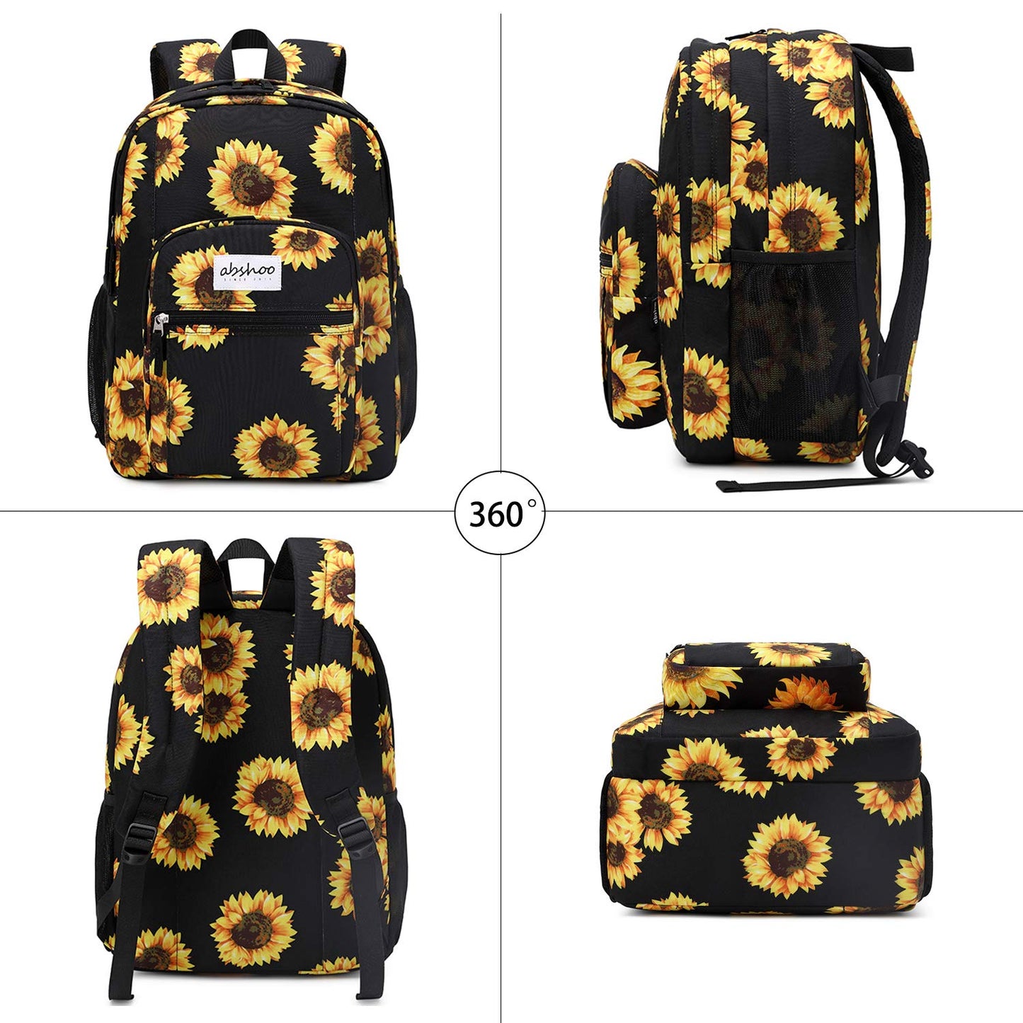 abshoo Classical Basic Womens Sunflower School Backpack For College Teen Girls Water Resistant Bookbag (Sunflower Black)