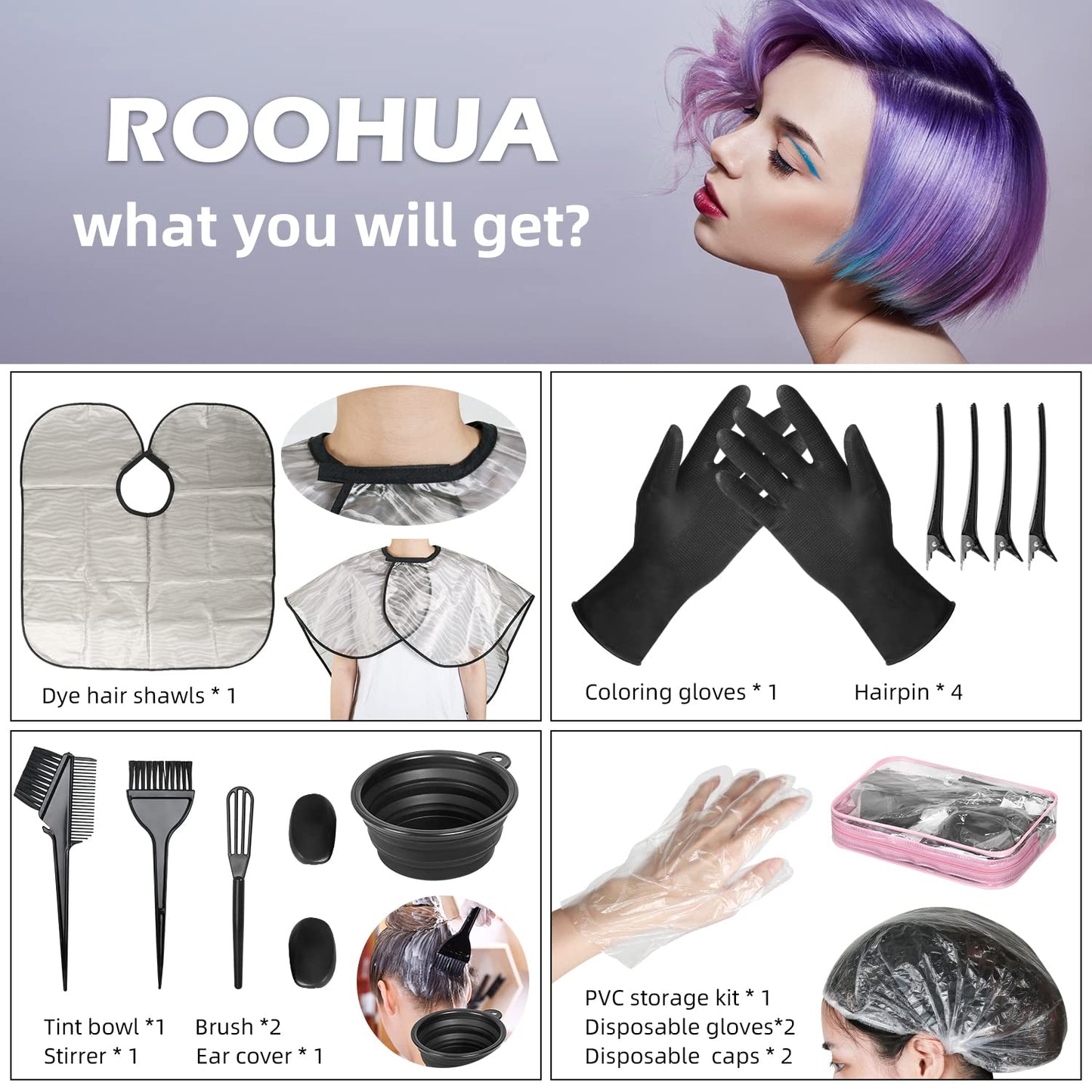 ROOHUA 16 Pieces Hair Dye Coloring Kit- Hair Tinting Bowl, Hair agitator, Dye Brush, Ear Cover, Hairpin, Hair Coloring Cape For Hair Dye Tools