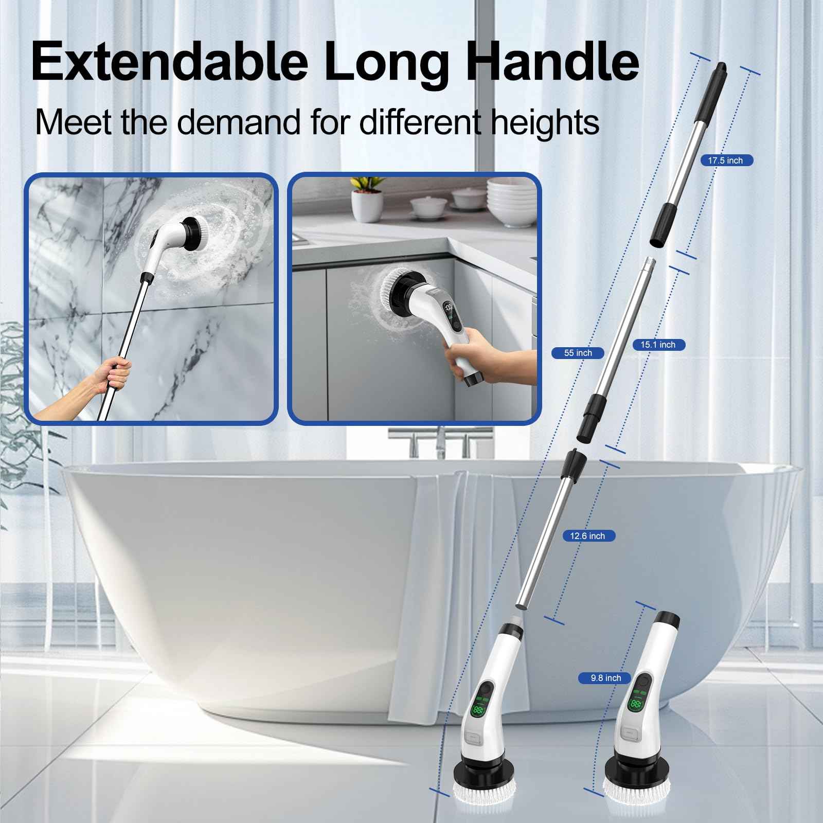 ALPONO Electric Spin Scrubber with Long Handle: Cordless Power Shower Scrubber - Spin Brush with 7 Brush Replacement Heads for Cleaning Bathroom,Tub, Tile, White, ALPONO-A11