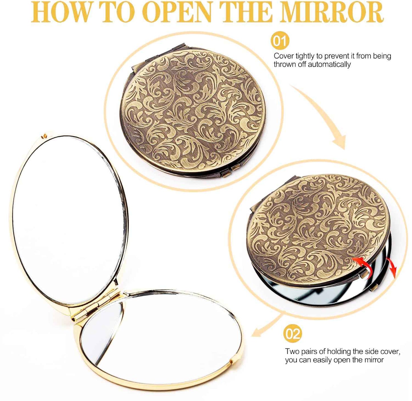 Retro metal compact travel mirror 1x/2x magnification compact portable foldable, used as a compact magnifying glass for wallets and pockets, distortion free folding portable compact mirror (bronze)