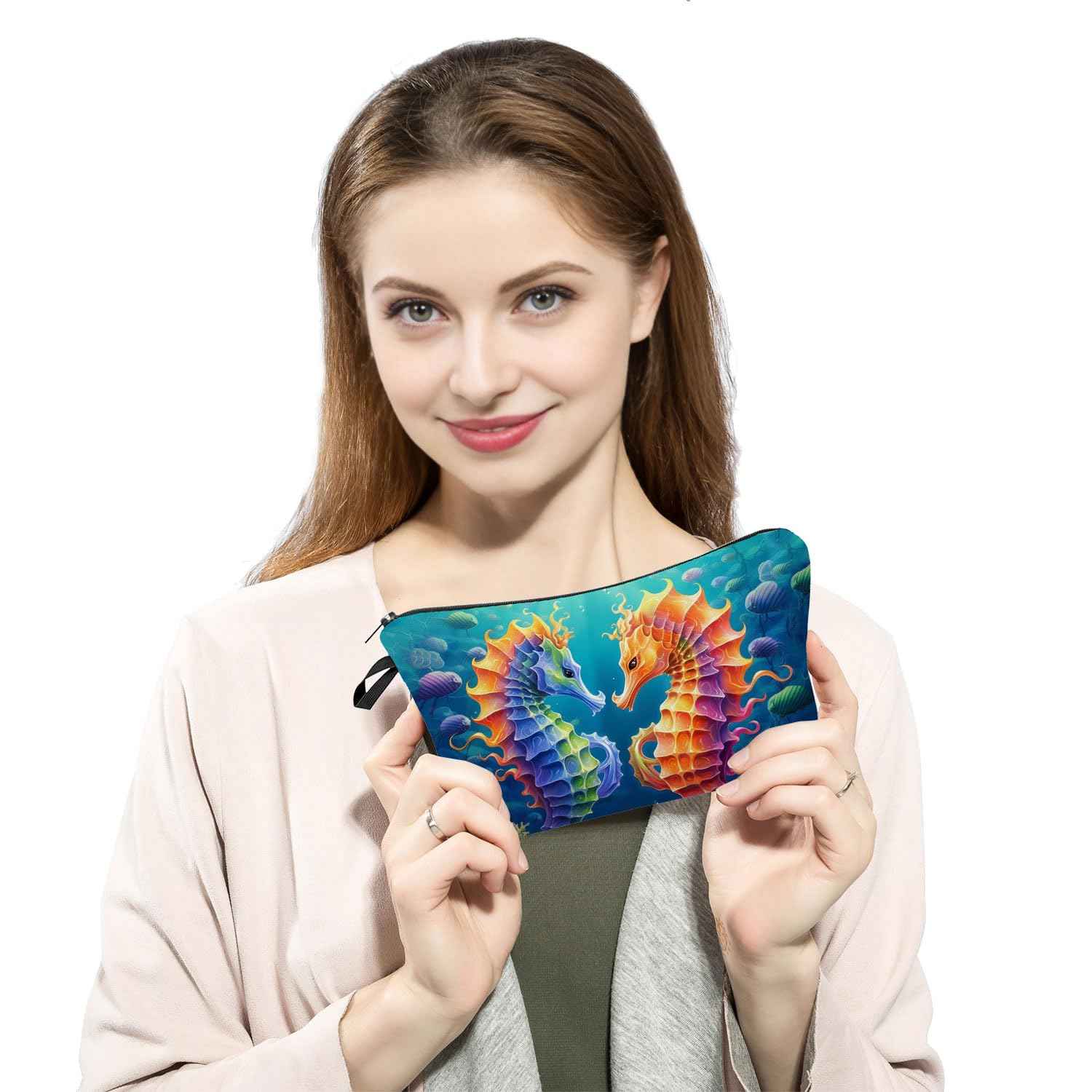 YULUENZE Seahorse Presents Seahorse Makeup Bag Cute Small Organizer Bag with Zipper Seahorse Print Cosmetic Bag Birthday Presents for Seahorse Lovers Women Friends