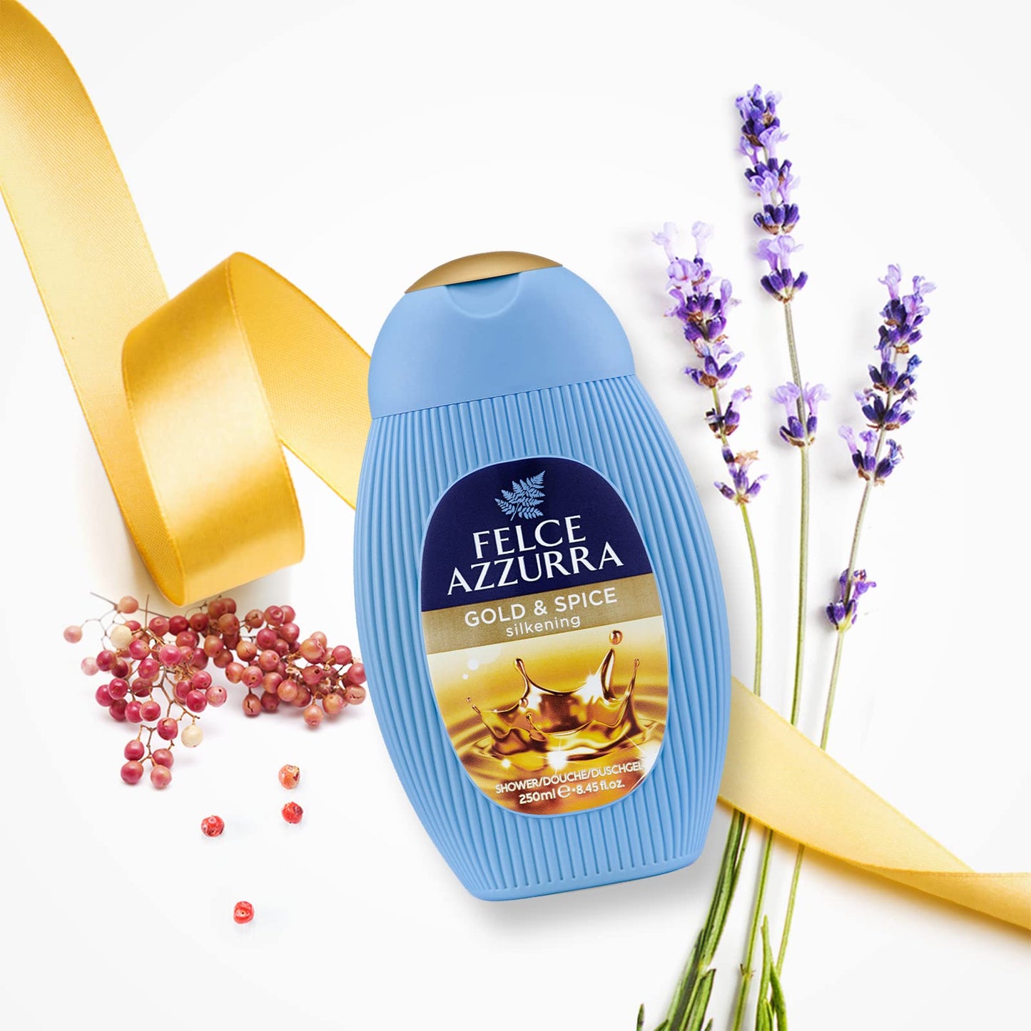 Felce Azzurra Gold And Spices - Silkening Essence Shower Gel - Blend With Fruity And Aromatic Notes - Leaves Your Skin Soft And Pleasantly Perfumed - Shower Gel Is Dermatologically Tested - 8.4 Oz