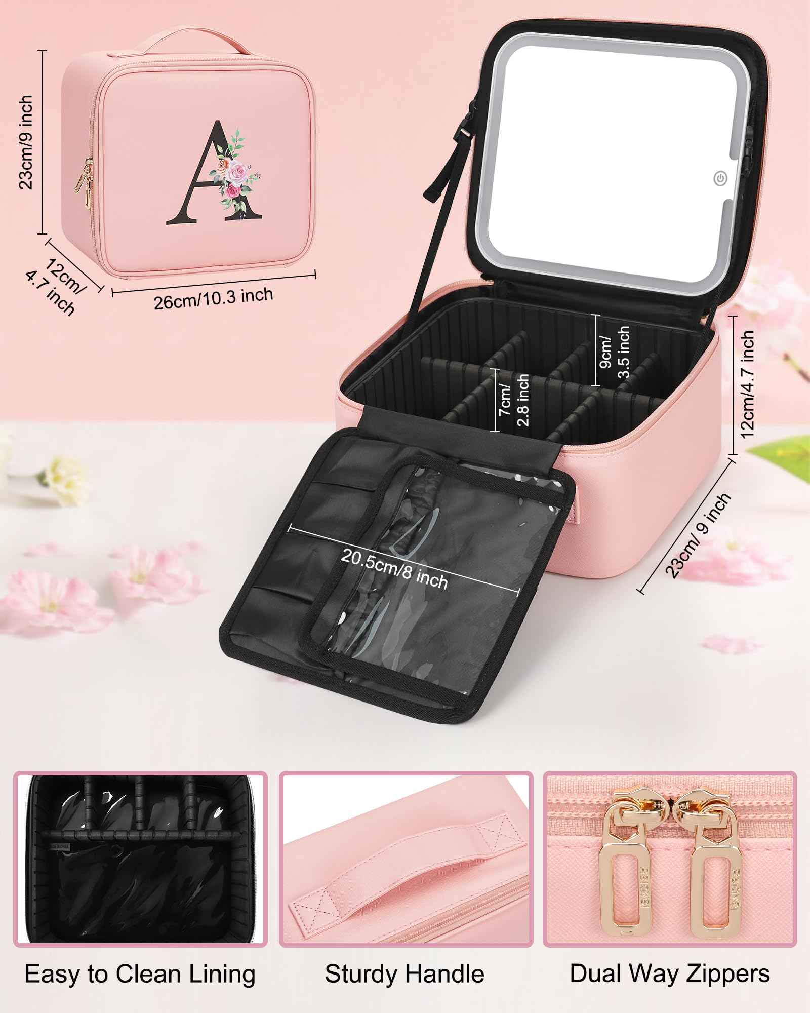 Relavel Initial Makeup Bag with LED Mirror for Women Girls, Personalized Travel Cosmetic Organizer Train Case, Birthday Gifts for Grandkids Bridesmaid Graduation Teacher Friends, Trendy Stuff, Pink A