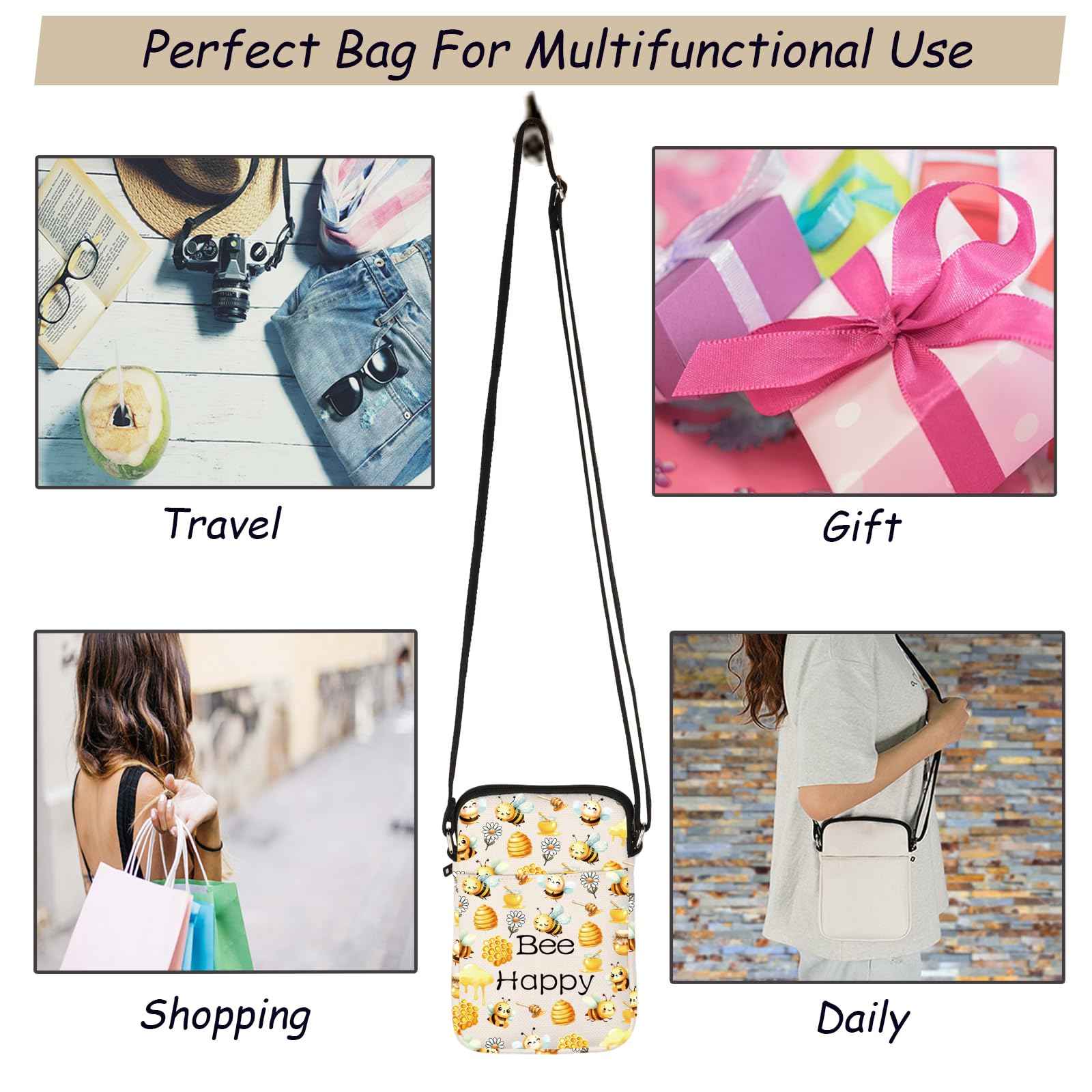 JXGZSO Honey Bee Makeup Bag With Zipper Bee Lover Gifts For Women Bee Cosmetic Bag (Bee Crossbody)