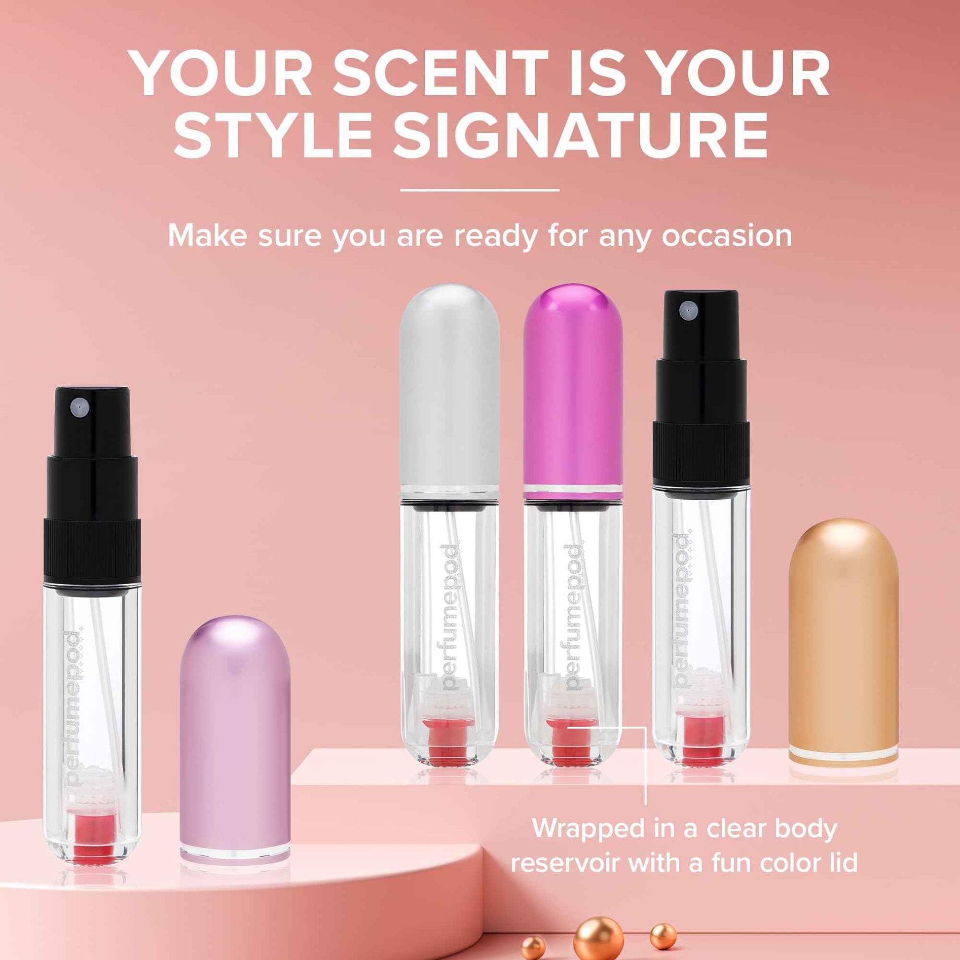 Travalo Pod Pure Perfume Atomizer Duo w/Pouch - Leak-Proof and TSA Approved for Air Travel - Reusable, Airtight, Easy-Fill Mini Pump Sprayer - Clear Body - Lid Colors Silver & Perfect Pink - 2 Pack