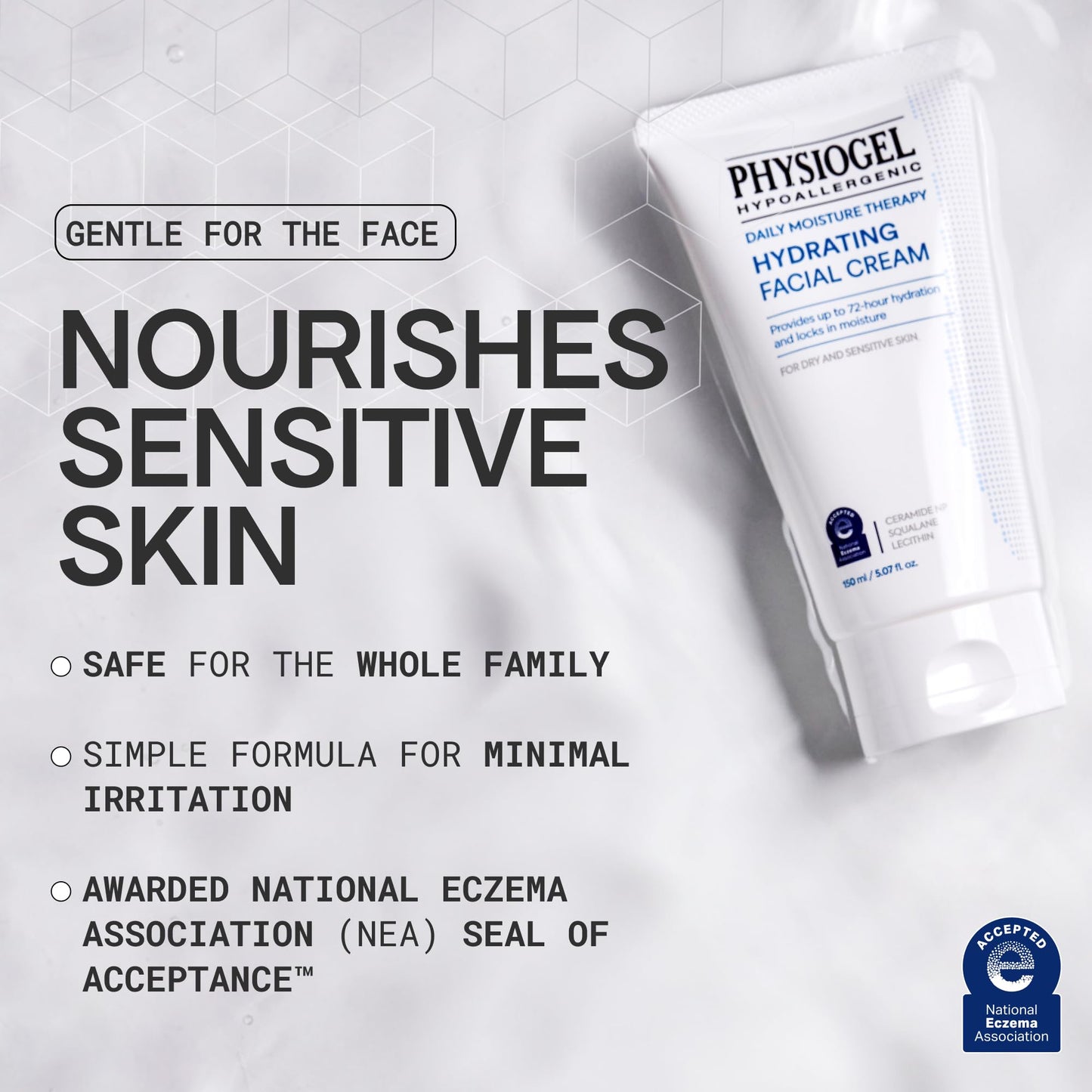 Physiogel Hydrating Facial Cream Moisturizer, Provides 72 hrs of Hydration for Normal to Dry Sensitive Skin, Fragrance Free, Strengthens Skin Barrier, Face Cream for Men & Women, Ceramide, Squalane