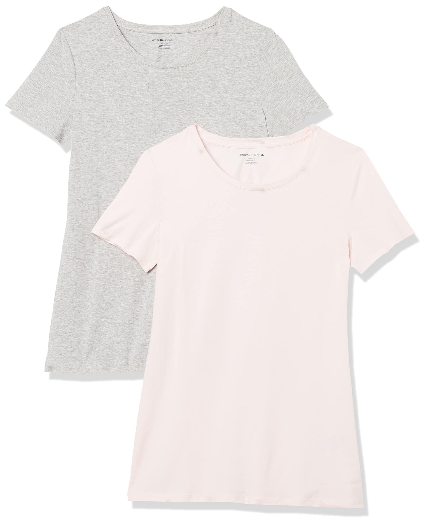 Amazon Essentials Women's Classic-Fit Short-Sleeve Crewneck T-Shirt, Pack of 2, Light Grey Heather/Light Pink, X-Small