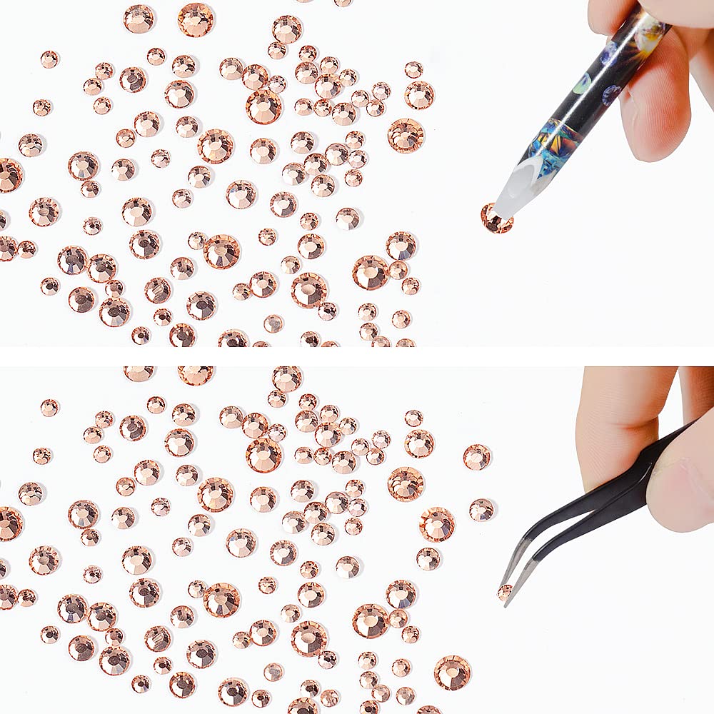 6Grids 3000Pcs Flatback Rhinestones, Champagne Color Nail Gems Crystals Jewels, Craft Glass Diamonds Stones Bling Rhinestone with Tweezers and Picking Pen for Nail Face Makeup(1.8mm~4mm Crystal)