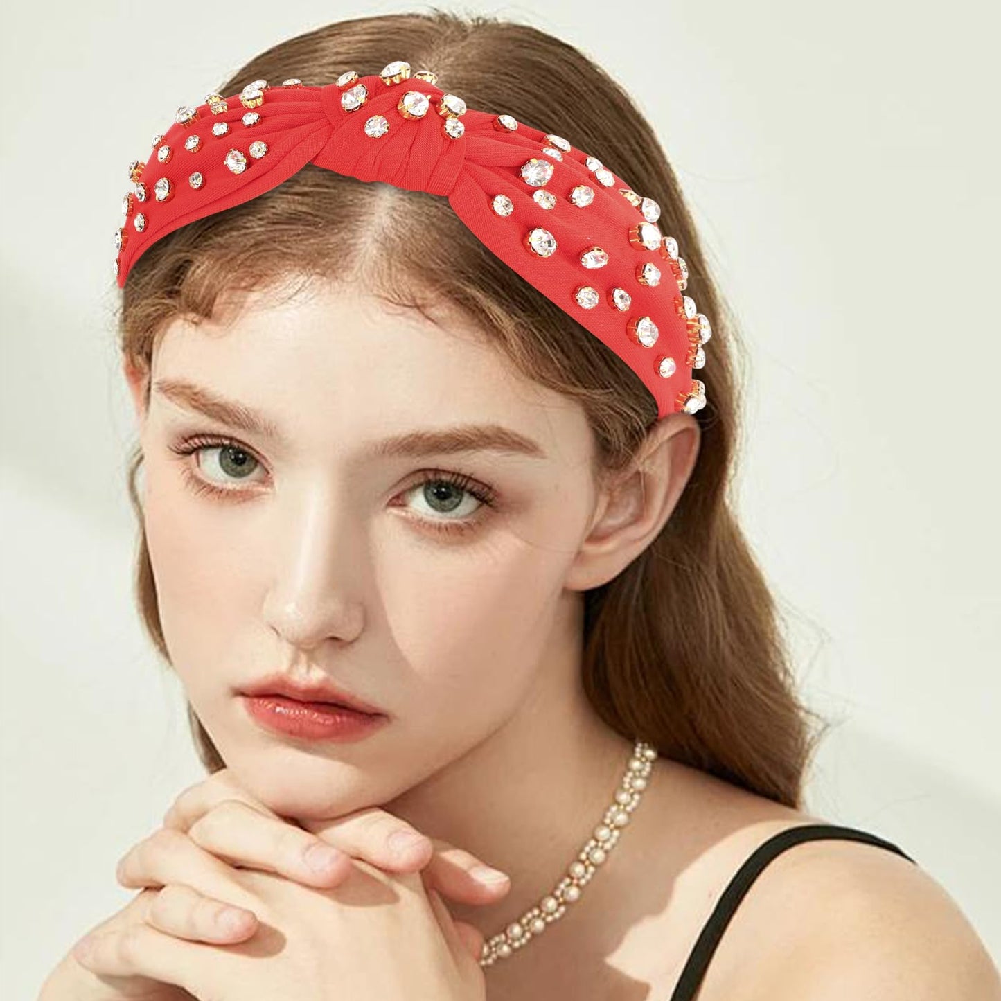 Red Rhinestone Headband Beaded Knotted Headband for Women Sparkly Jeweled Headbands for Women Top Knot Headband for Women Crystal Headband Fashion Embellished Headbands Hairband Non Slip Accessories