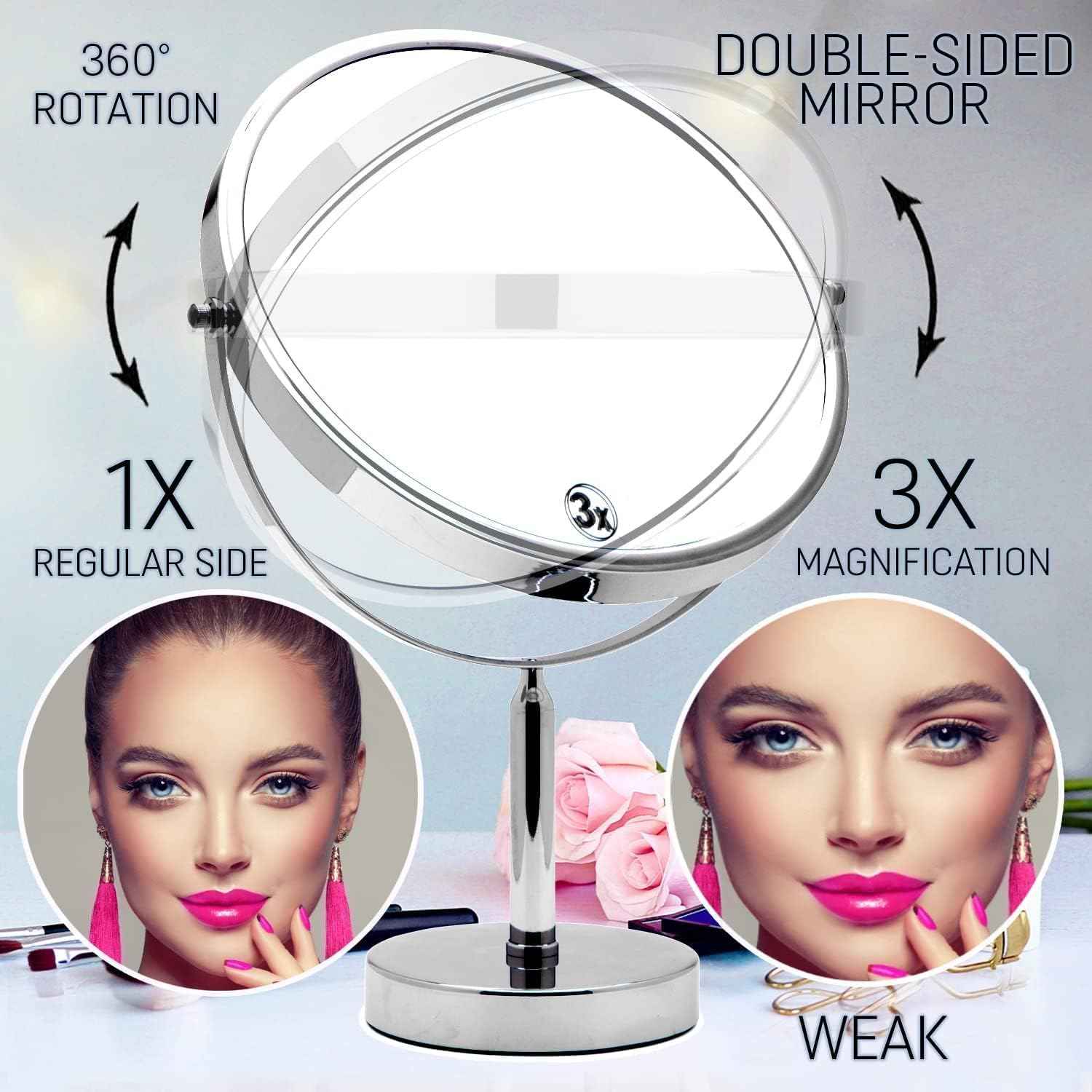 XXLarge Oversized 3X Weak Magnifying Mirror with Stand for Desk, Table, Retail Store Countertop, and Makeup Vanity - Double Sided 3X/1X Magnification - 17" Tall and 11" Wide