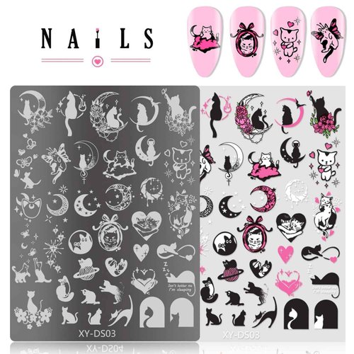 4Pcs Gothic Cute Nail Stamping Plate Set - Dark Kawaii Nail Art Templates, Stainless Steel Spooky Sweet Nail Stamp Plates with Skull & Lace Patterns for DIY Manicure Printing Tools
