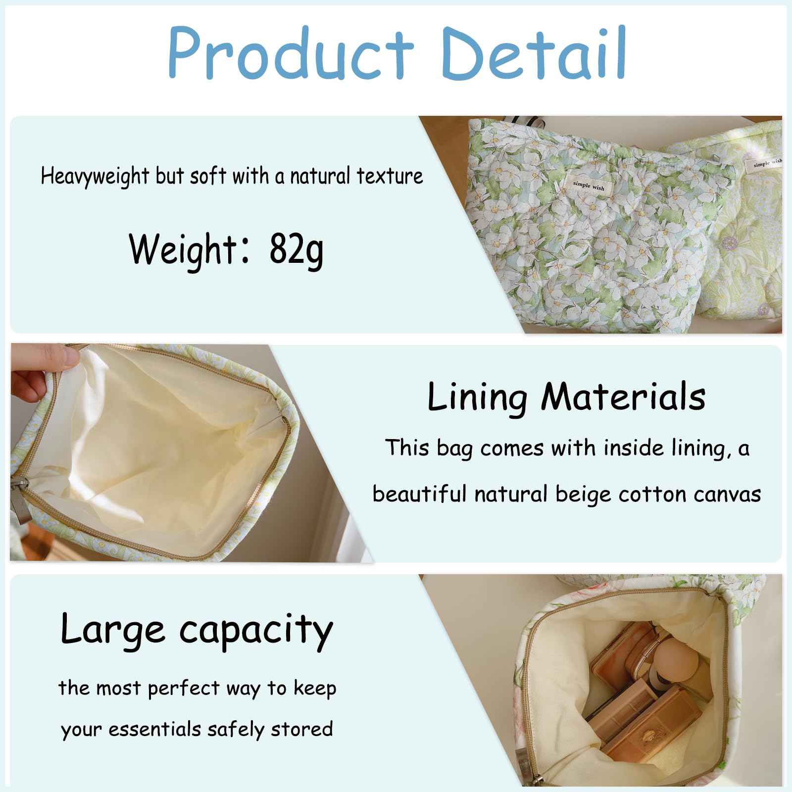 uekeboag Quilted Floral Cotton Makeup Pouch,Coquette Quilted Cosmetic Bag for Women and Girls, Aesthetic Organizer Bag, Flower Cute Travel Toiletry Bags(01Pink Little Flower)