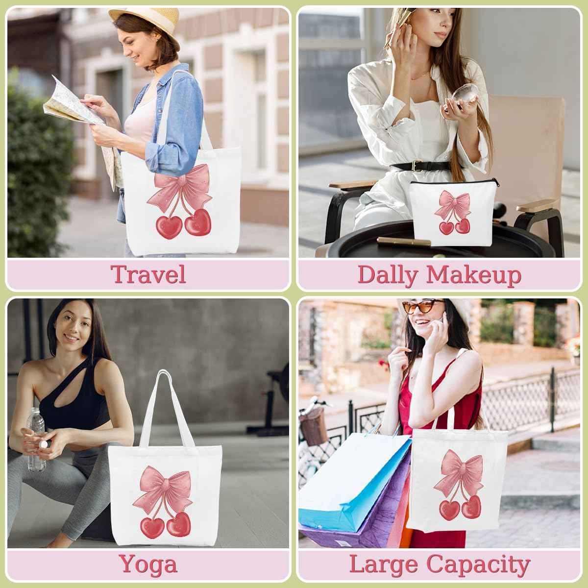 Aesthetic Bow Cherry Canvas Tote Bag Beach Tote Bag for Women with inner Pocket, Cute Bow Lovers Gift for Women Girls Bestie Sister Birthday Christmas Reusable Shopping Grocery Bags with Makeup Bags