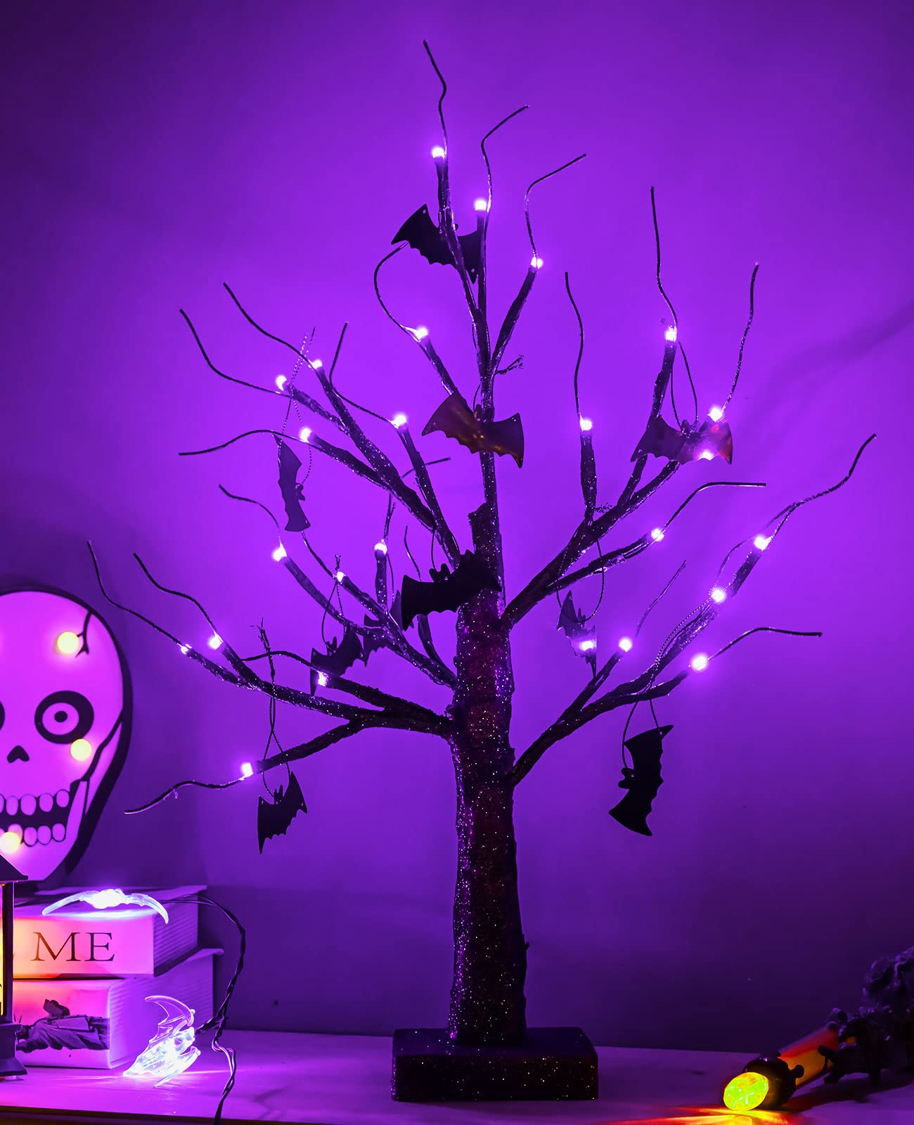 ZHOUDUIDUI 2Pack Halloween Tree, Black Spooky Tree with 24LED Purple Lights and 10 Bat Ornaments Battery Powered 18IN Lighted Halloween Bonsai Tree for Indoor Tabletop Halloween Party Decoration