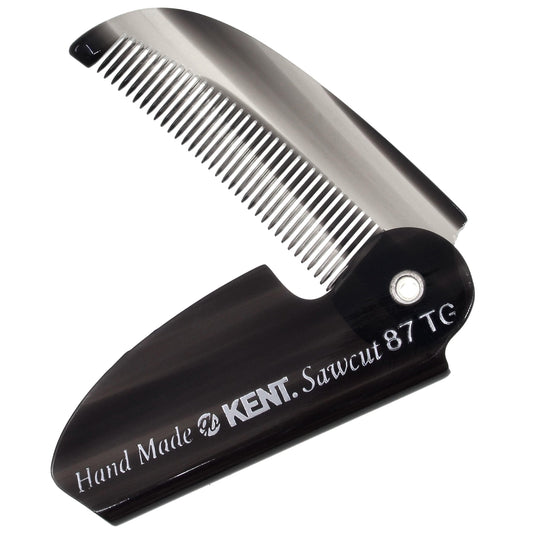 Kent 87T Graphite Handmade Folding Pocket Comb for Men, Fine Tooth Hair Comb Straightener for Everyday Grooming Styling Hair, Beard or Mustache, Saw Cut Hand Polished, Made in England
