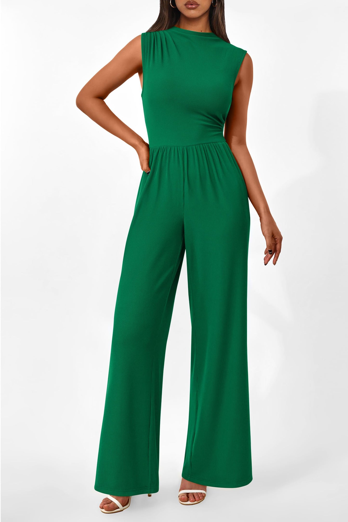 PRETTYGARDEN Womens Summer Jumpsuits Dressy Casual One Piece Outfits Sleeveless Mock Neck Wide Leg Pants Rompers with Pockets (Style2-Green,Small)