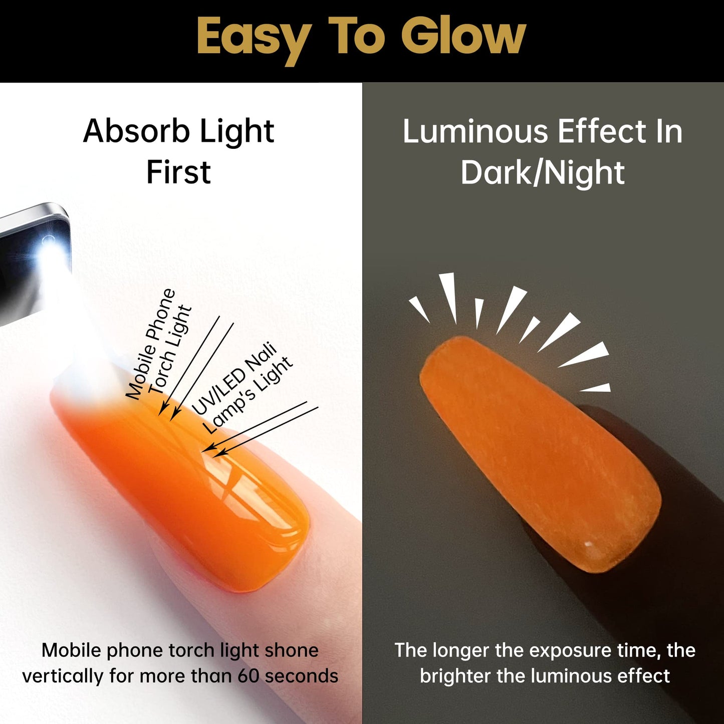 YTD Likomey Glow in the Dark Gel Nail Polish,15ml Neon Orange Luminous Glow Effect UV Nails Gel,Fluorescent Bright Manicure Salon Home DIY UV Manicure Nail Art Varnish,YG05