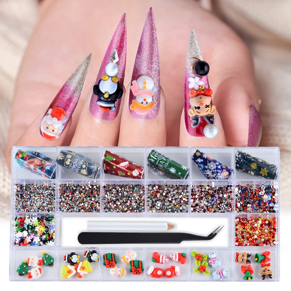 WEILUSI Christmas Nail Art Rhinestones Christmas Resin Nail Charms Nail Foil Sequins 3D Reindeer Socks Bell Christmas Tree Design for Nails Art Gems DIY Crafts Decoration with Wax Pen & Tweezer