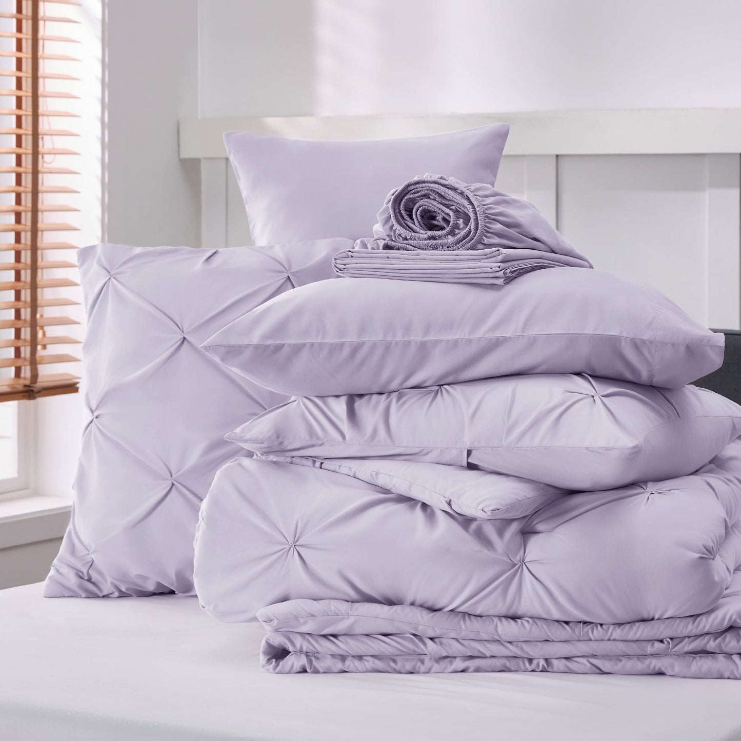 Bedsure Twin Comforter Set with Sheets - 5 Pieces Twin Bedding Sets, Pinch Pleat Light Purple Twin Bed in a Bag with Comforter, Sheets, Pillowcase & Sham