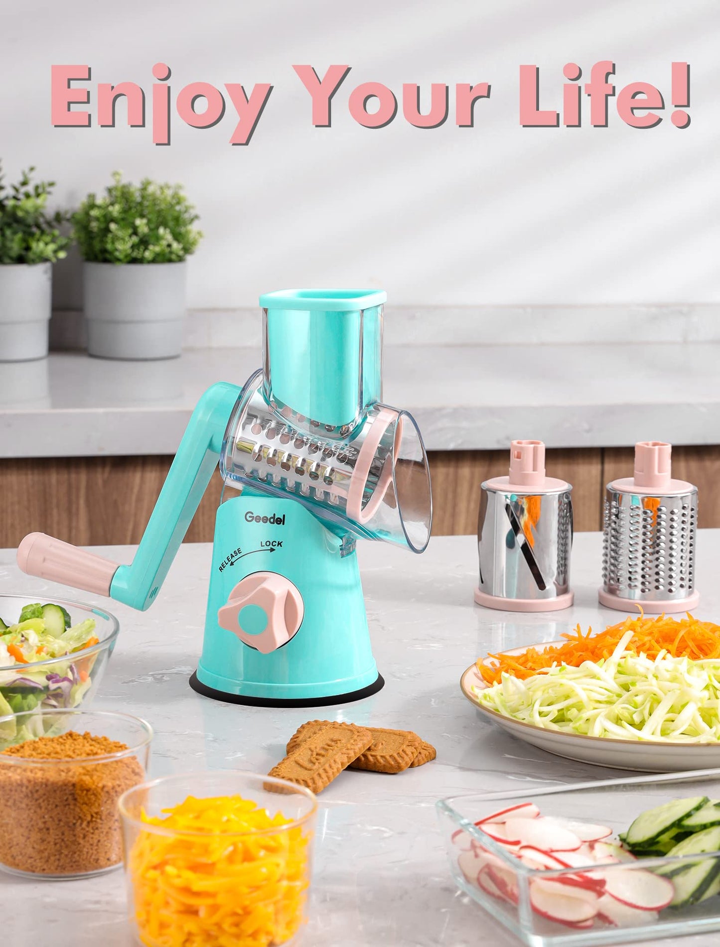 Geedel Rotary Cheese Grater, Kitchen Mandoline Vegetable Slicer with 3 Interchangeable Blades, Easy to Clean Rotary Grater Slicer for Fruit, Vegetables, Nuts