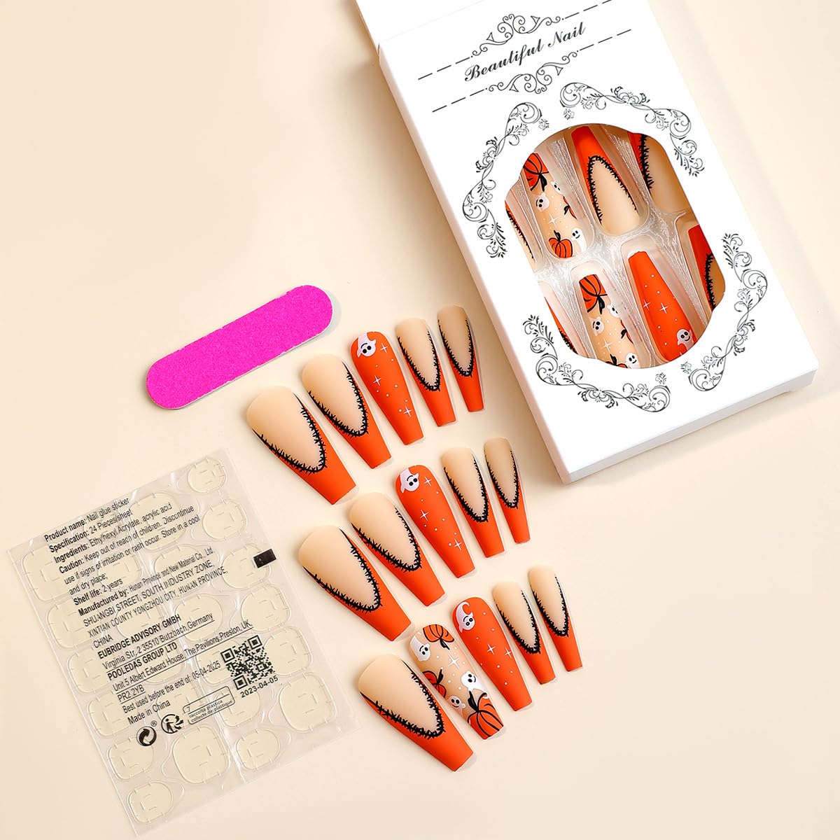 24pcs Extra long Hallowee Press on Nails Coffin Fake Nails French Yellow Full Cover Stick on Nails with Pumpkin and Ghost Designs False Nails Artificial Matte Acrylic Glue on Nails for Women