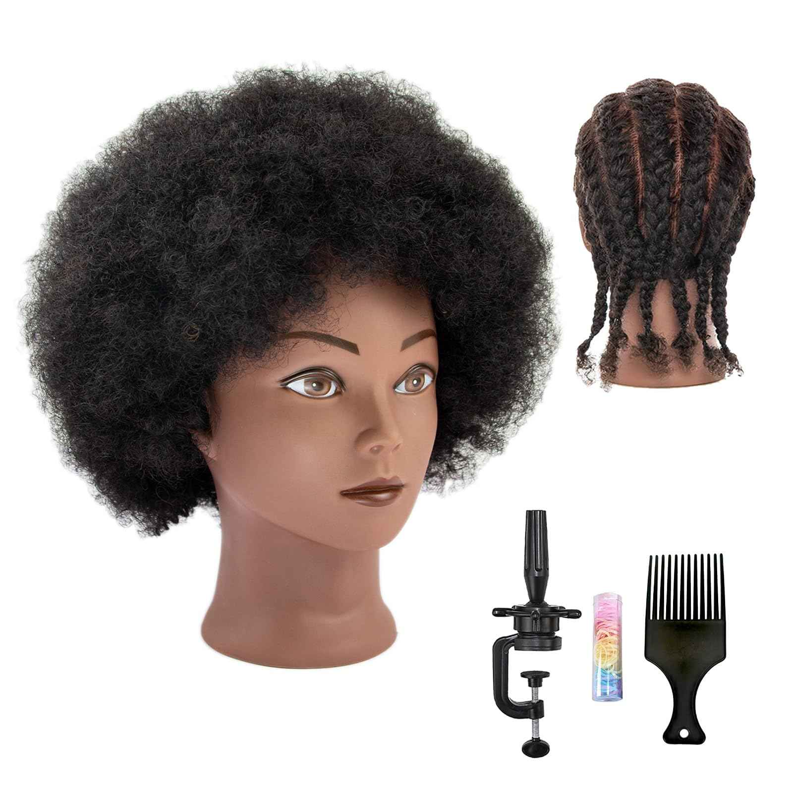 LUNGCYX Mannequin Head Human Hair African Curly Cosmetology Manikin Head With 100% Real Human Hair Doll Head for Hairdresser Training Practice Braiding Hair Styling,With Stand (BLACK-508-AFRO)