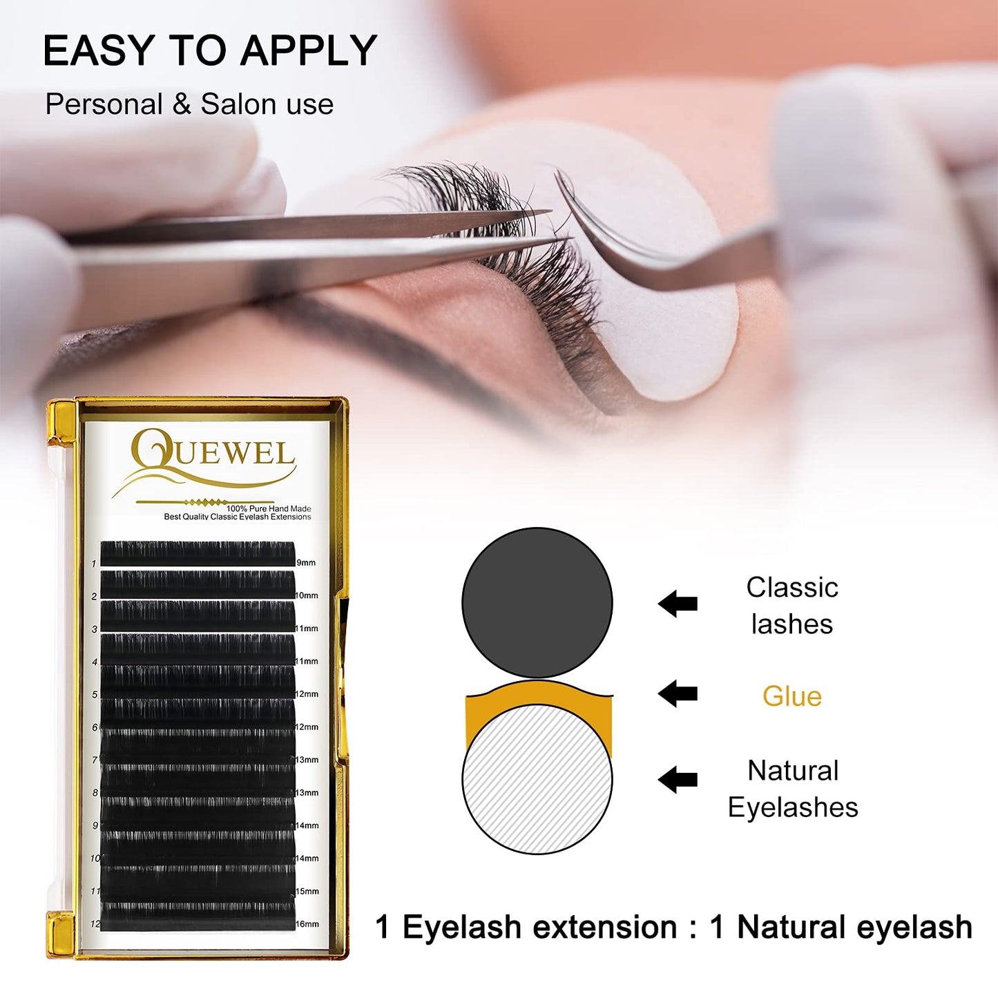 Classic Eyelash Extensions 0.03 D MIX9-16mm Lashes Extensions Supplies C/D Curl Single Length 9-20mm Mixed Length 9-16mm/15-20mm by QUEWEL (0.03 D MIX9-16)