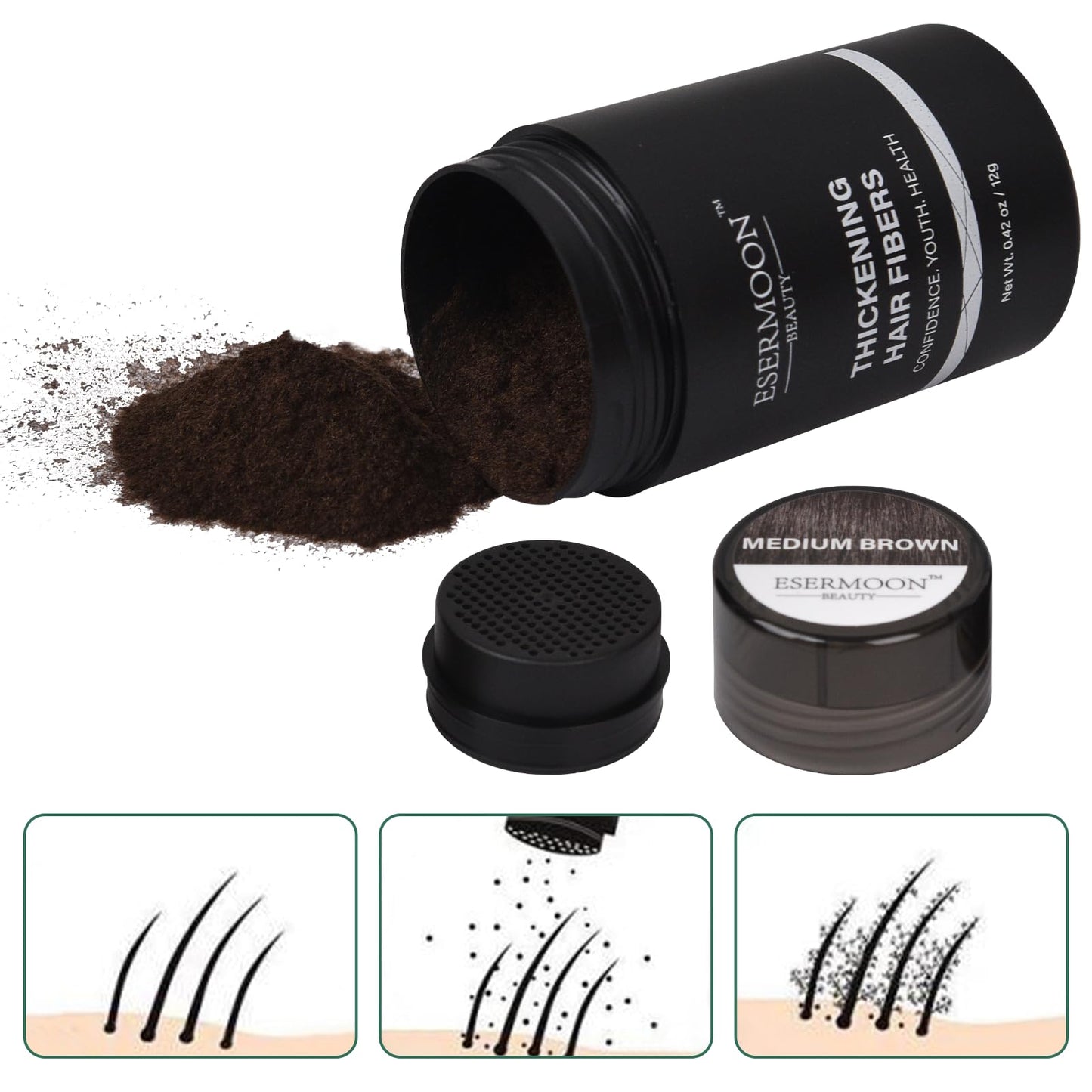 Hair Fibers (12g), Hair Fibers for Thinning Hair, Hair Building Fibers, Hairpiece Filler, Increase Hair Density, Styling Powder for Women & Men, Hair Makeup, Premium Formula Thickening (MEDIUM BROWN)