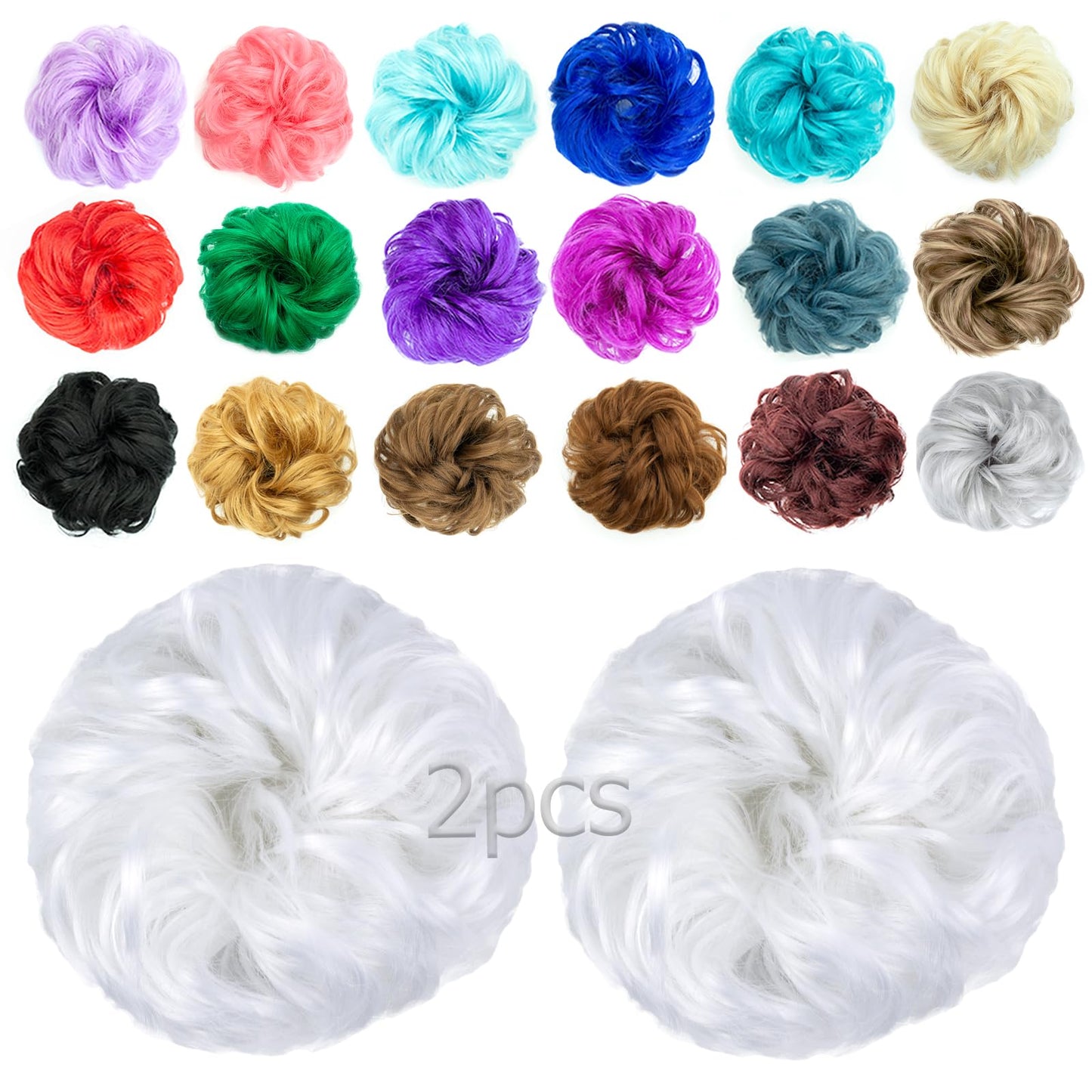 2pcs Messy Bun Scrunchie Hair Pieces - Elastic Rubber Band Curly Wavy Synthetic Ponytail Extensions for Women Girls (White)