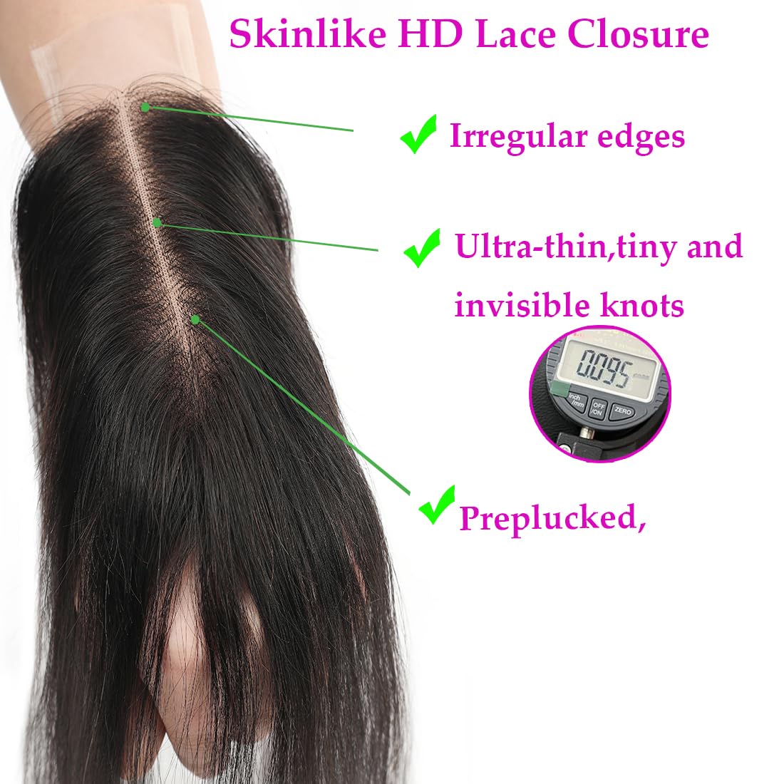 2x6 HD Transparent Skinlike Human Hair Lace Closure Straight 14inch 100% Brazilian 2x6 Closure Virgin Human Hair Kim K Middle Part Closure Closure Straight Natural Black Glueless Pre Plucked Bleached