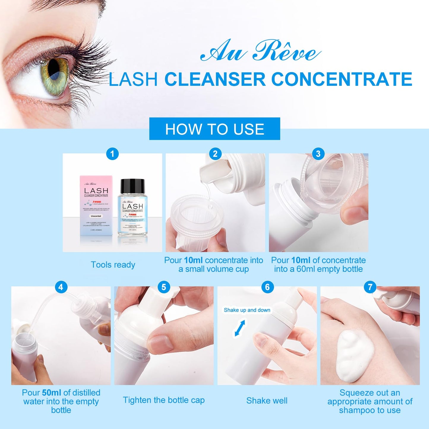 AuReve Lash Shampoo Concentrate 60ml Lash Cleanser Concentrate Add Hyaluronic Acid Oil-Free Lash Extension Shampoo Perfect for Salon，Unscented