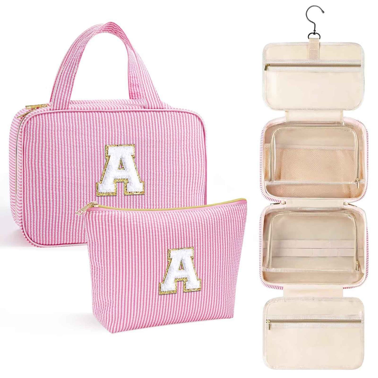 YOOLIFE Christmas Gifts for Women Teenage Girls Stocking Stuffers, Initial Hanging Toiletry Bag for Women Teen Girl, Travel Toiletry Bag Gifts for Mom Daughter Sister Friends, Letter A, Pink