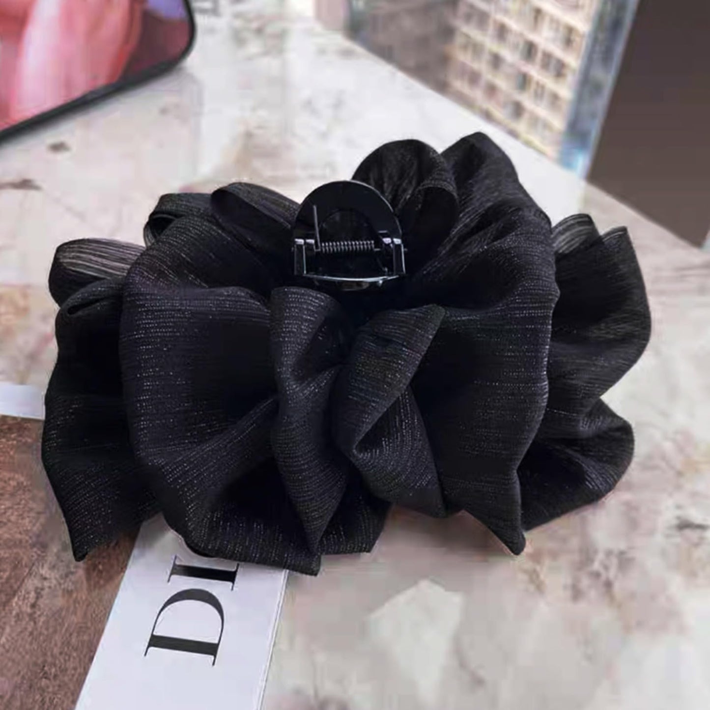 papasgix Chiffon Hair Accessories - Large Fabric Hair Claws with Floral Bows for Women and Girls (1, Black Matte)