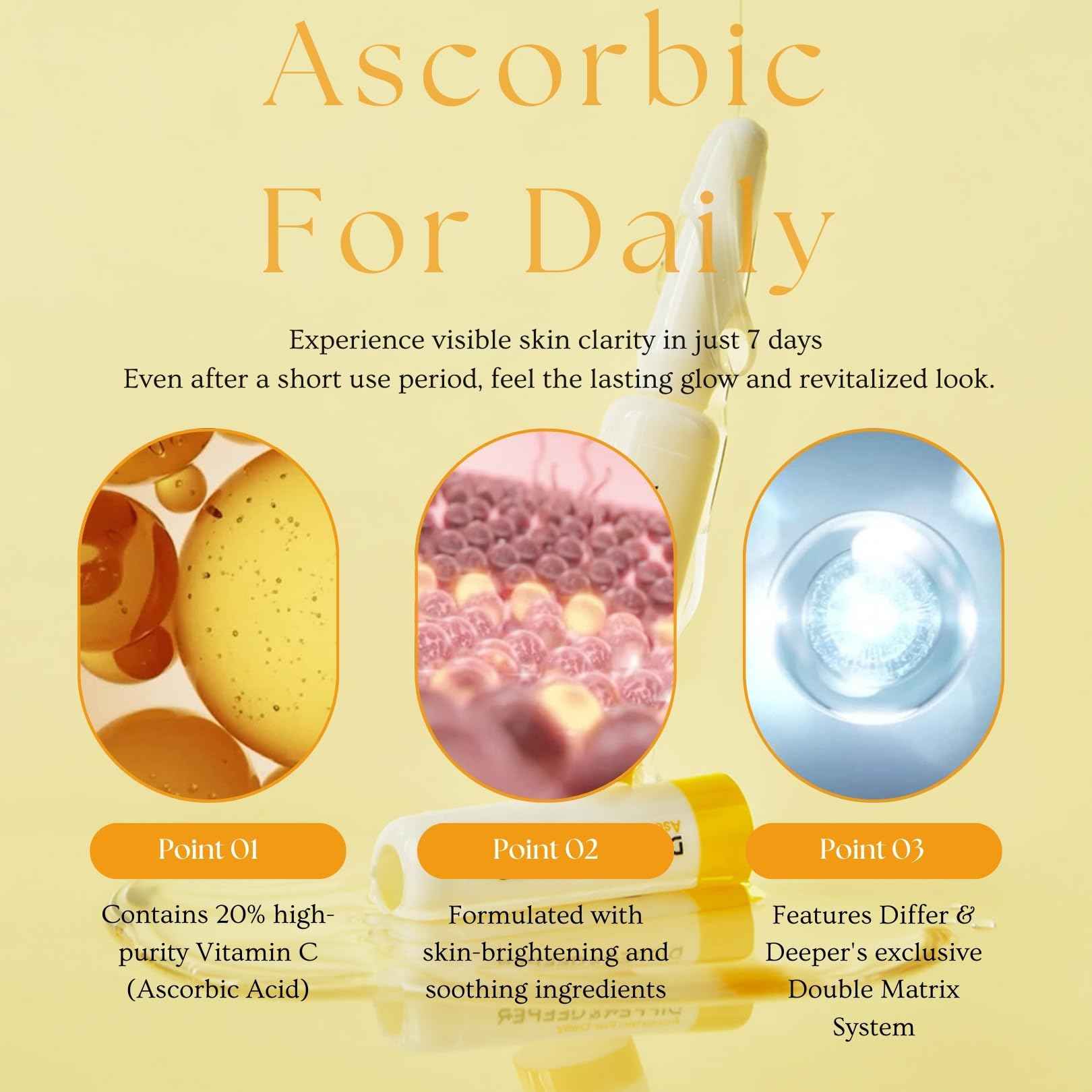 Differ & Deeper Ascorbic For Daily Ampoule – 20% Pure Vitamin C Serum Lightweight Formula | K-Beauty Skincare Ampoules (7 x 2ml)